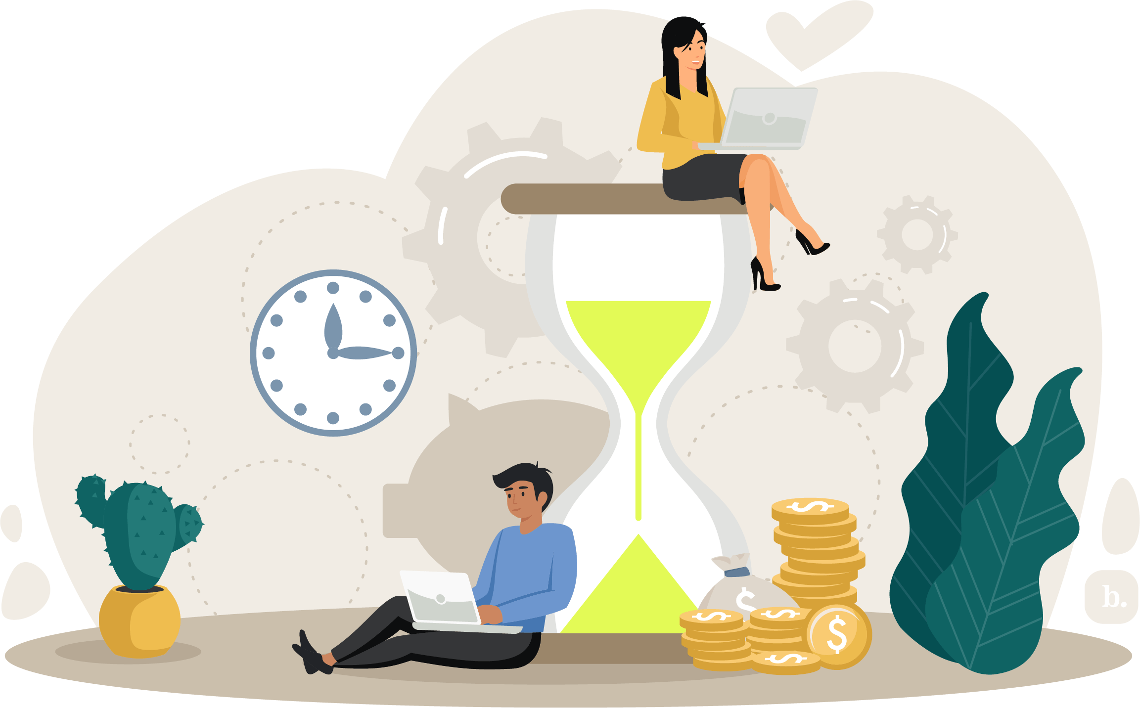 graphic of two people sitting on and next to a large hourglass