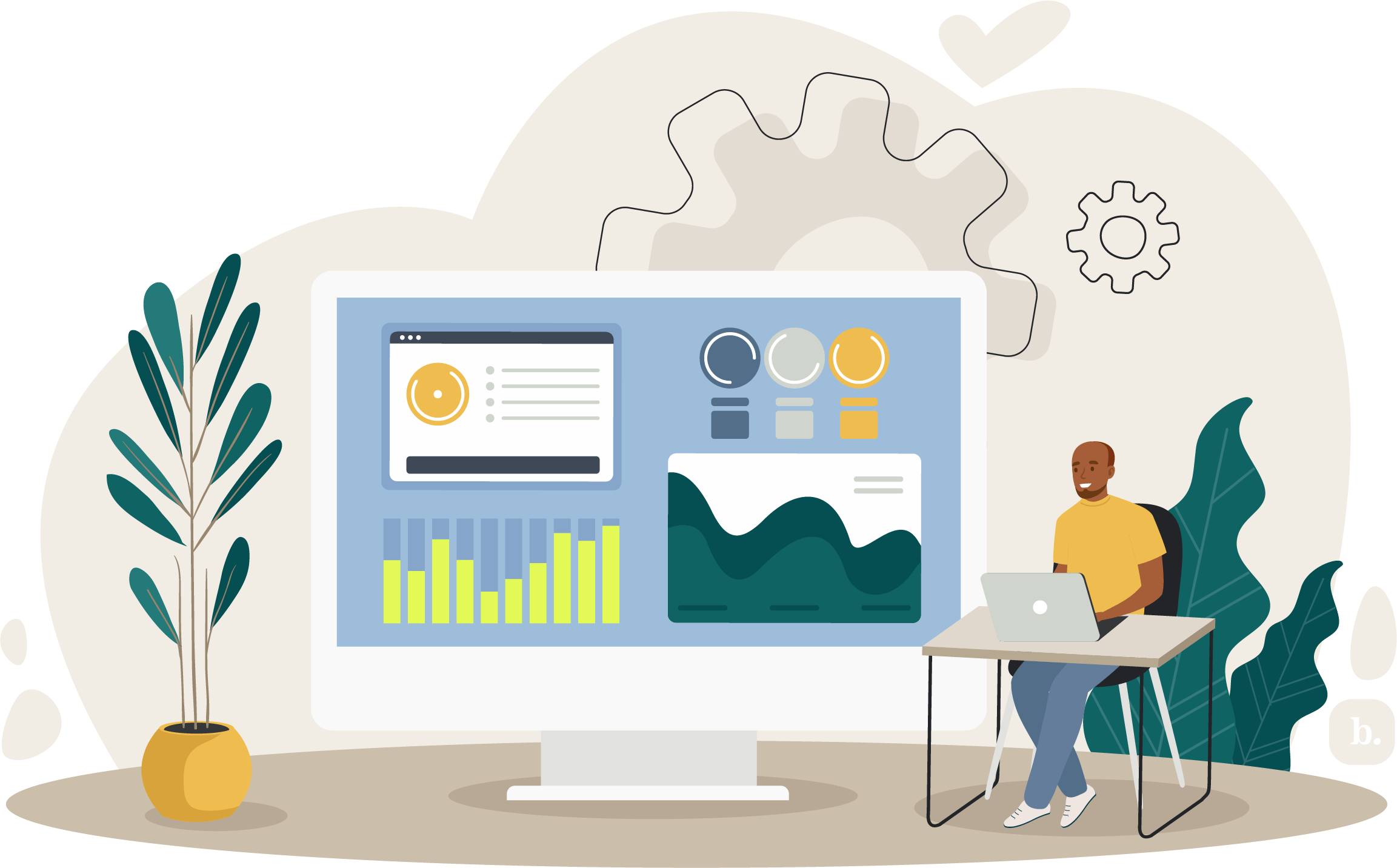 graphic of a person sitting next to a large computer screen with graphs