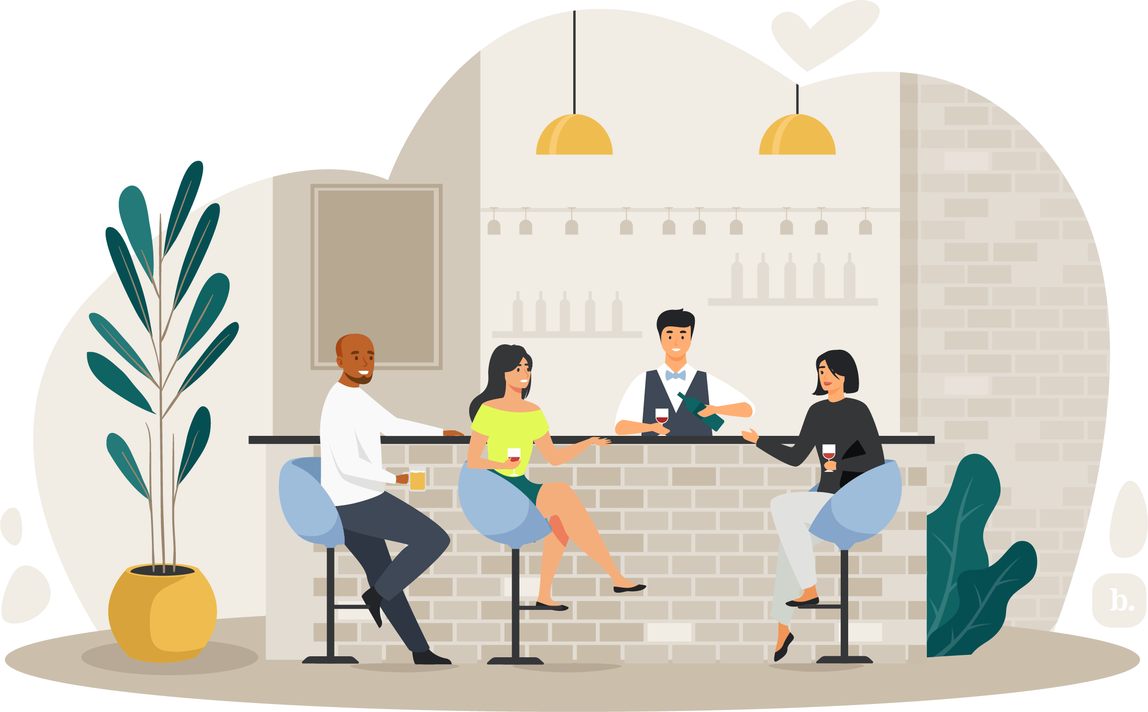 graphic of people at a bar sitting on stools