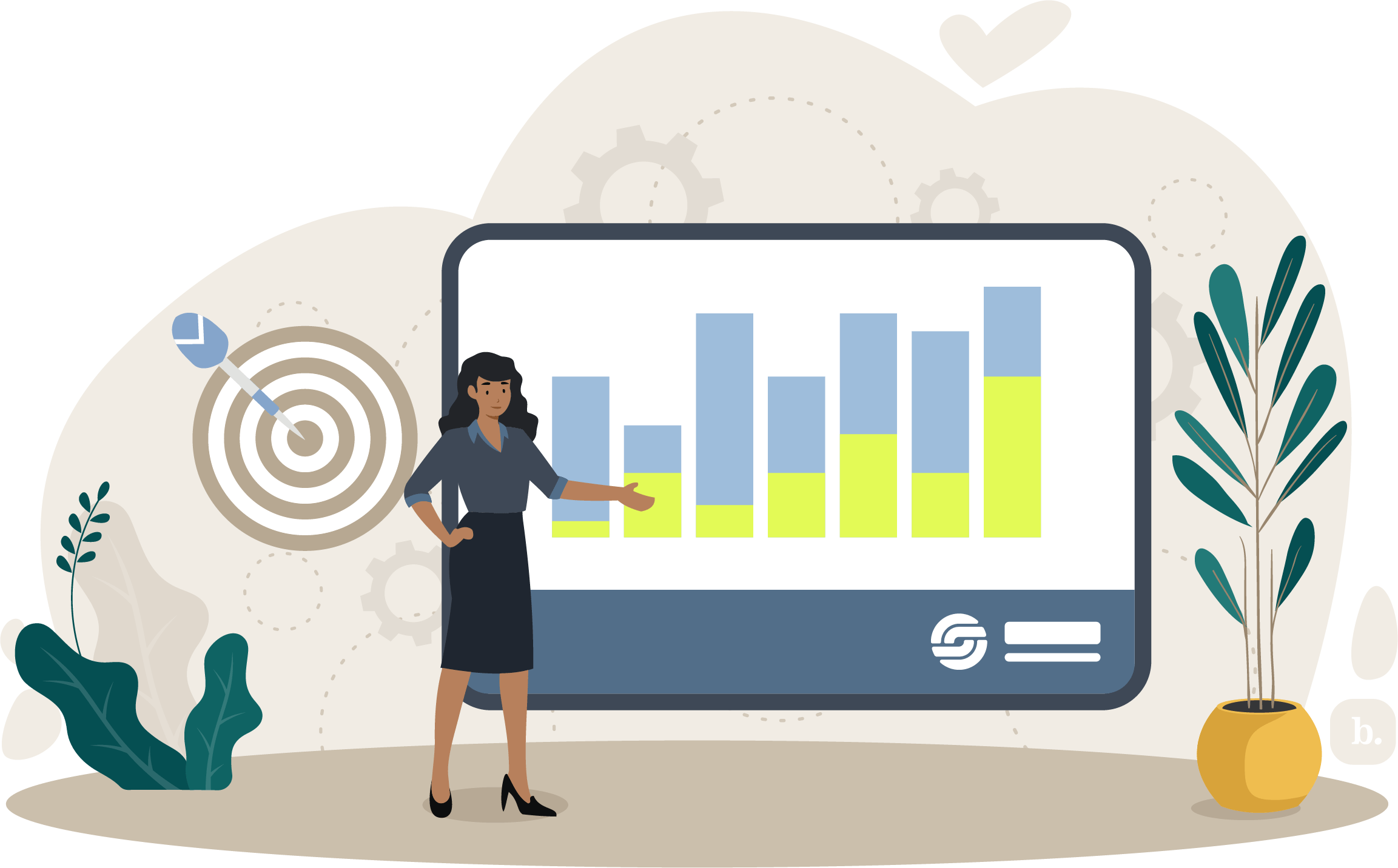 businesswoman in front of a presentation screen of bar graphs