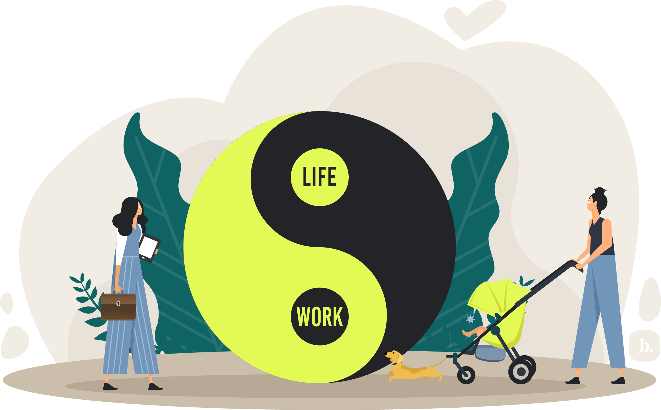 graphic of a businessperson and a stroller next to a large yin yang