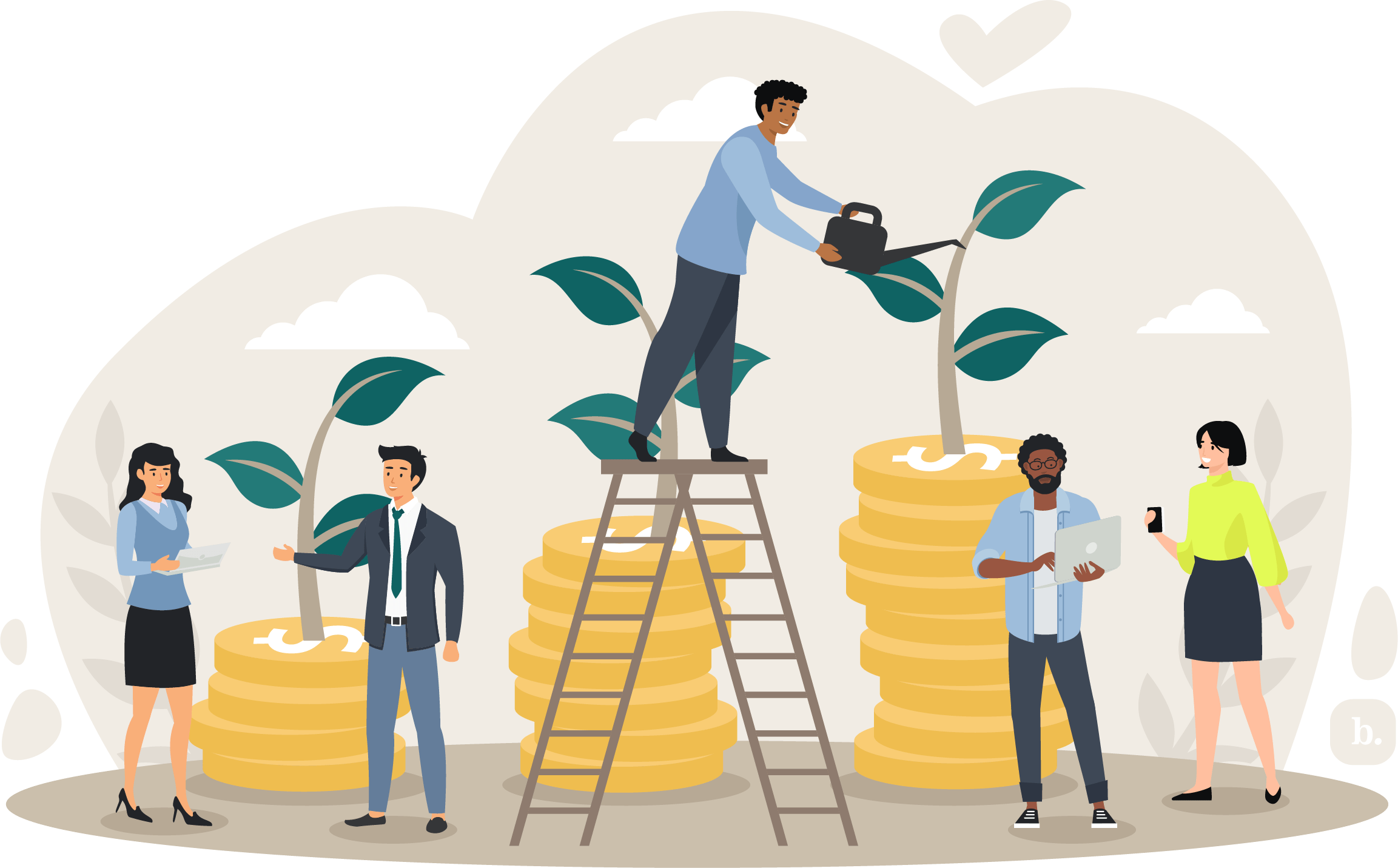 graphic of people standing ona latdder and watering plants growing out of stacks of coins