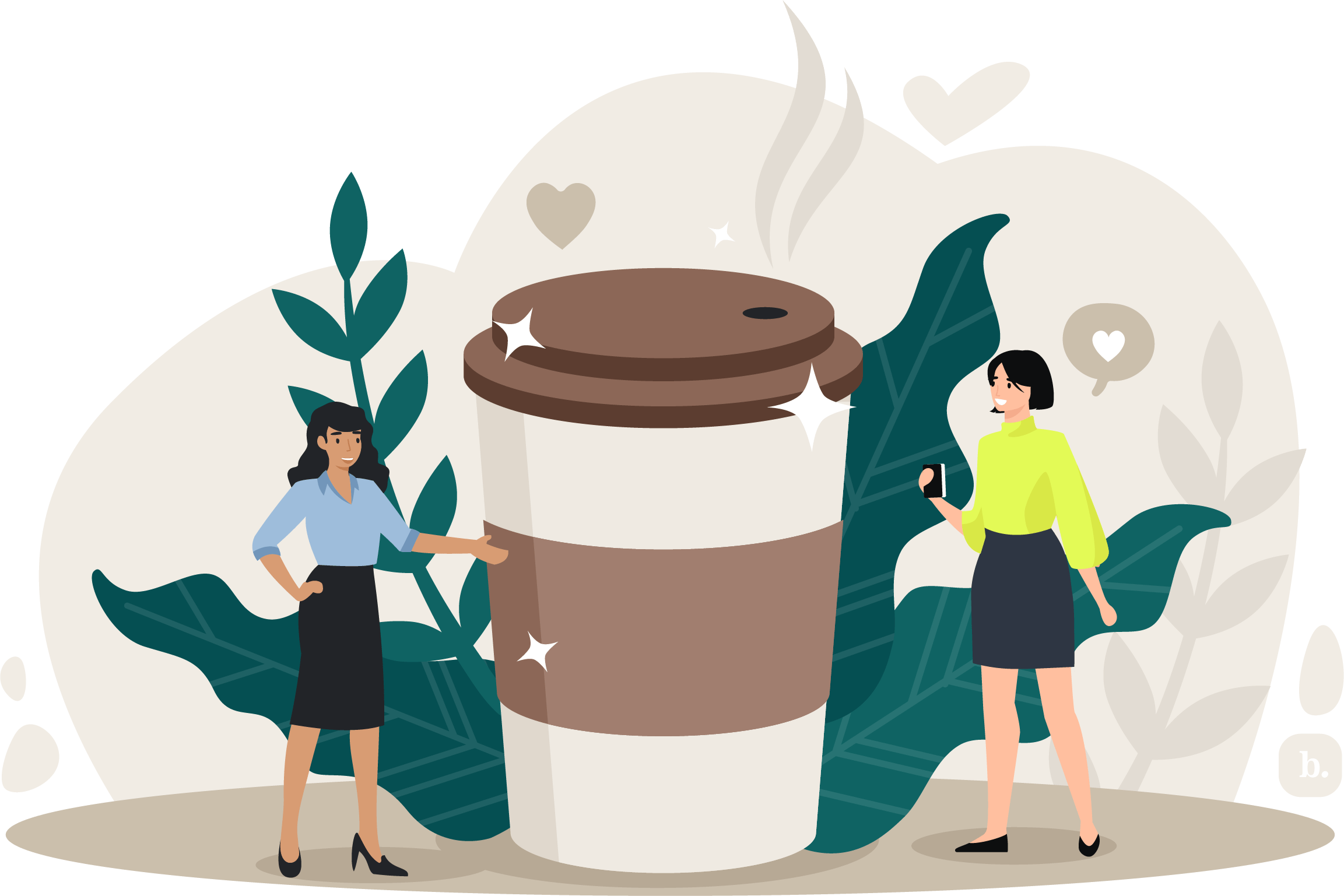 graphic of two women standing next to a large cup of coffee