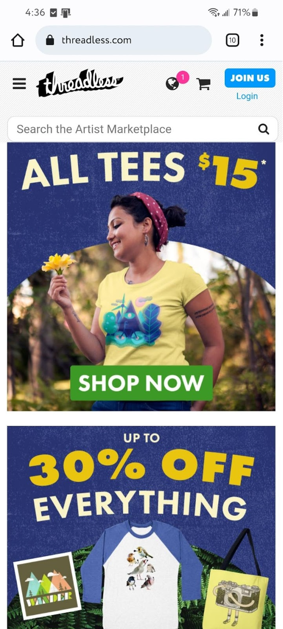 Threadless mobile homepage