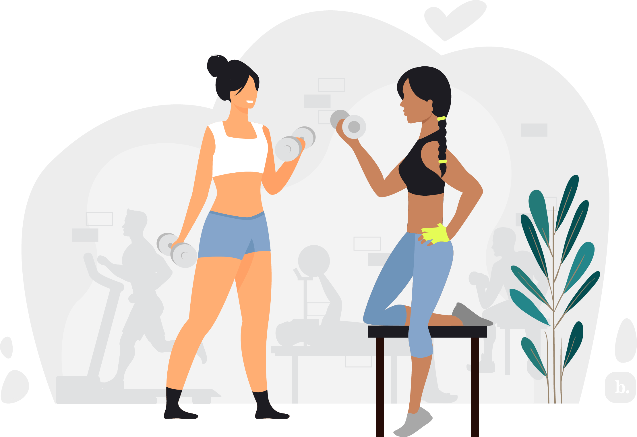graphic of two people talking to each other and lifting weights