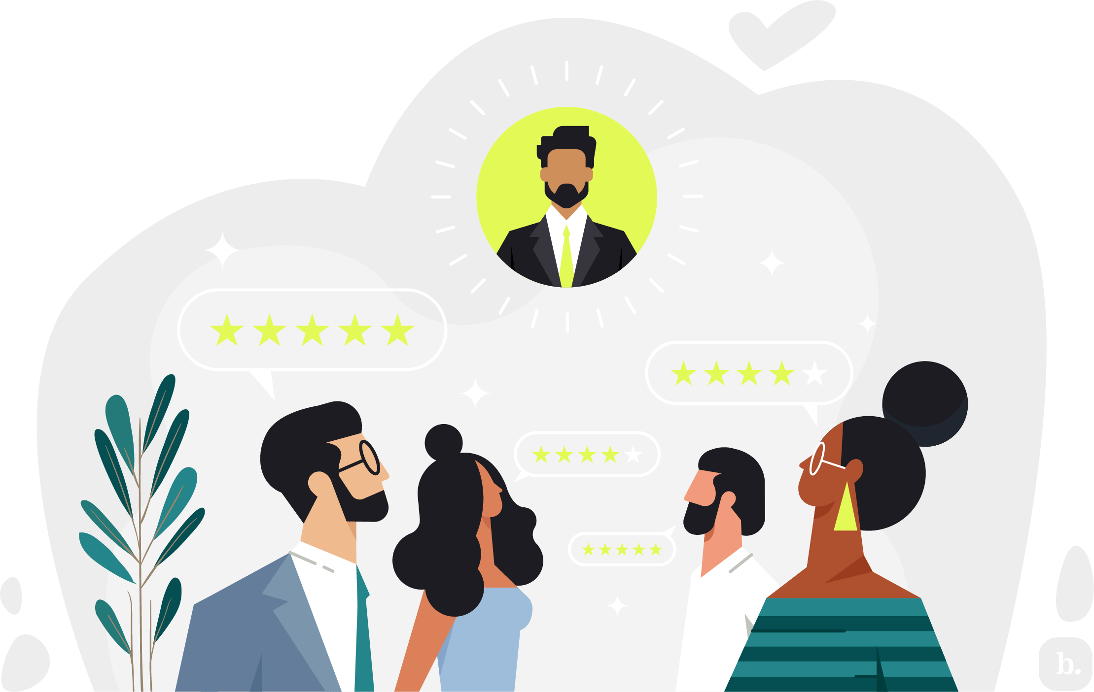 graphic of a group of people looking up at a leader