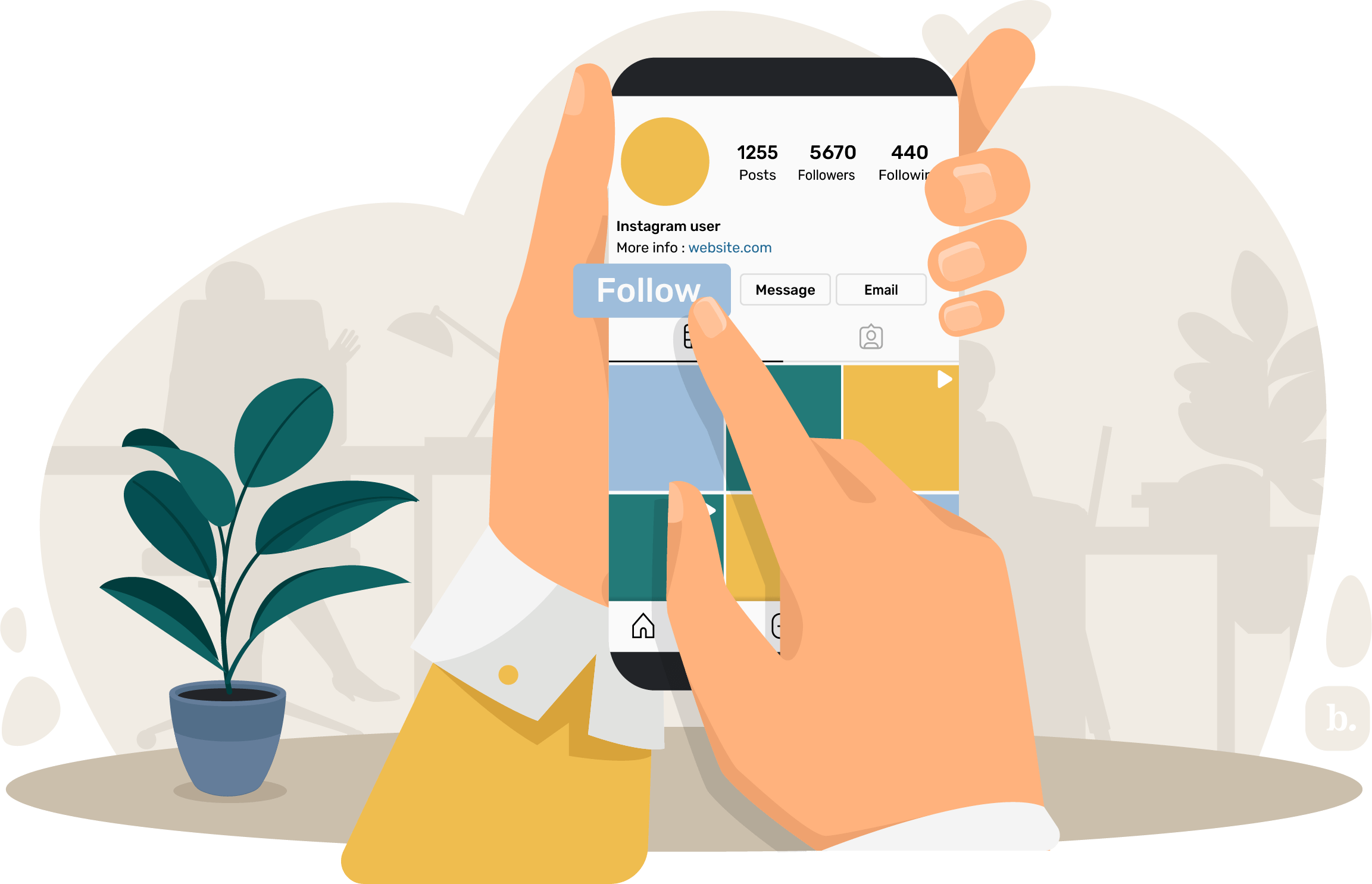 graphic of a finger pressing a follow button on a smartphone