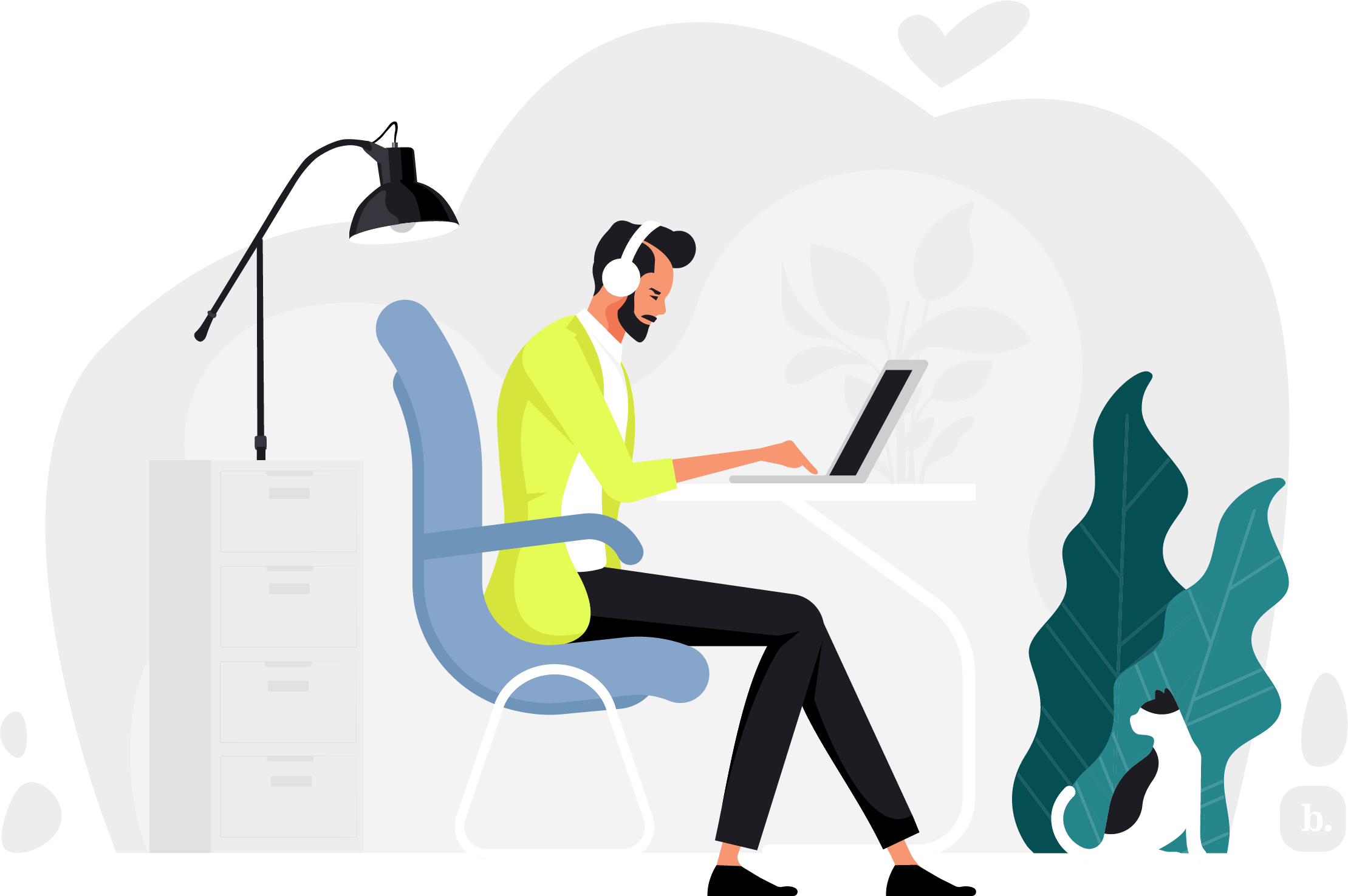 graphic of a person working at a home office desk wearing headphones