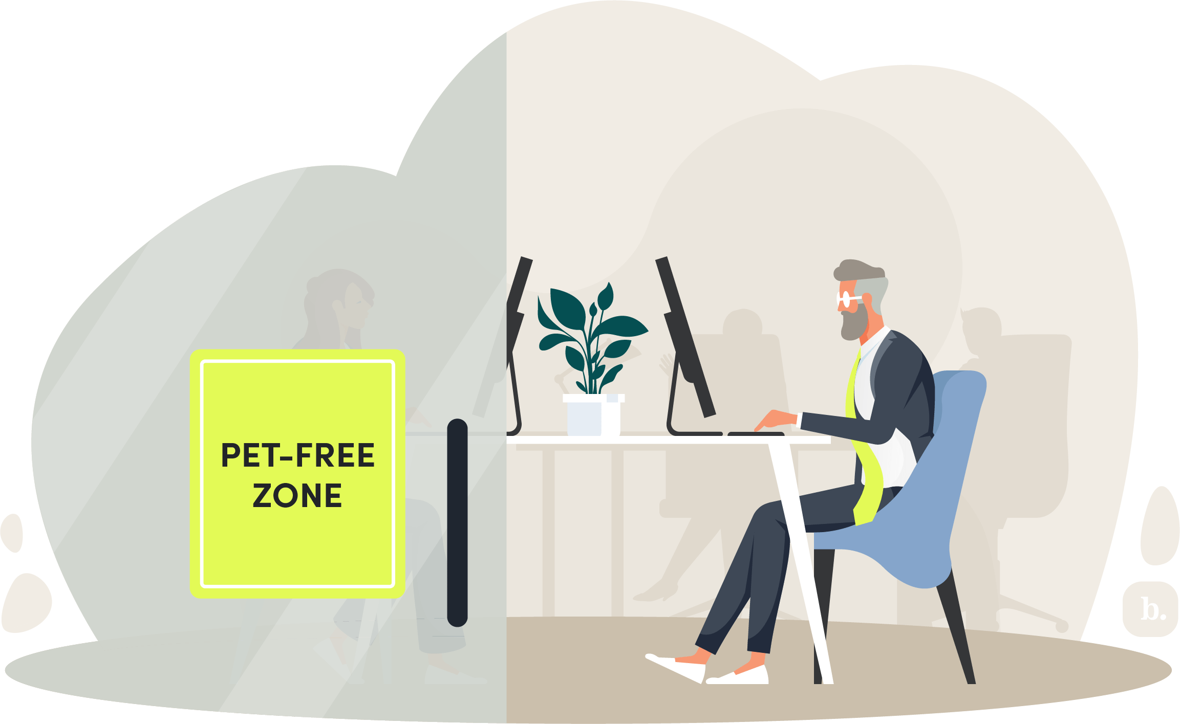 graphic of businessperson sitting at a desk near a sign that says "pet-free zone"