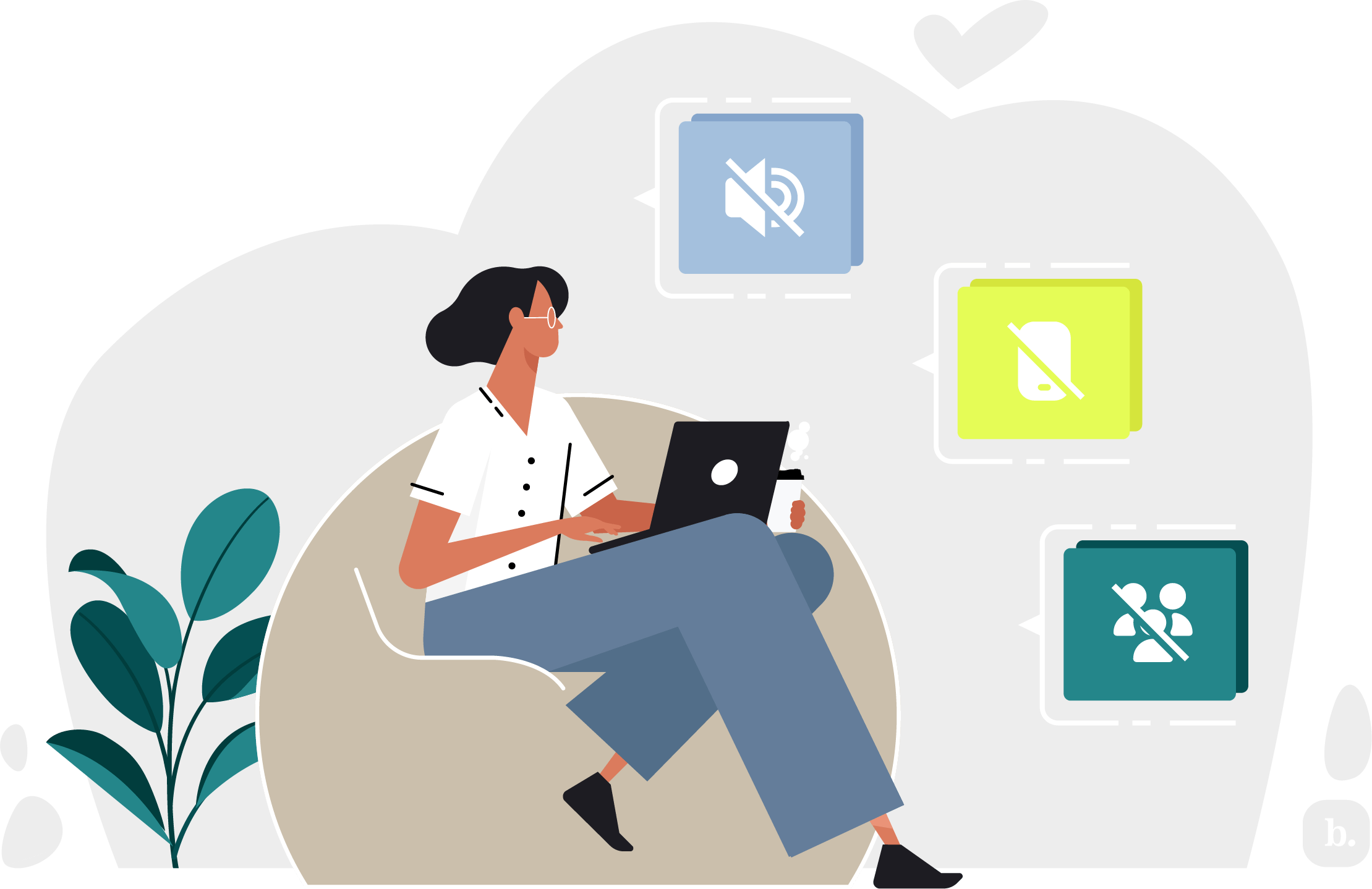 graphic of person on a beanbag chair holding a laptop