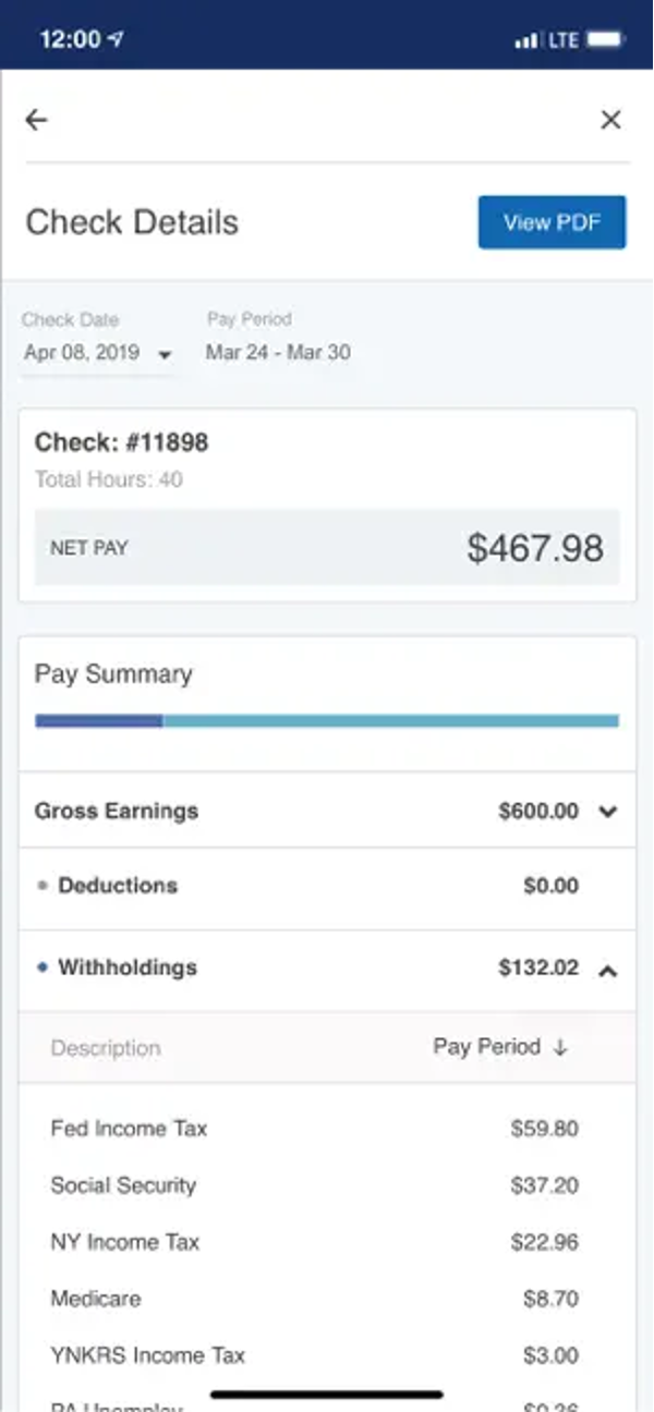 Paychex Flex pay stub details on a mobile app