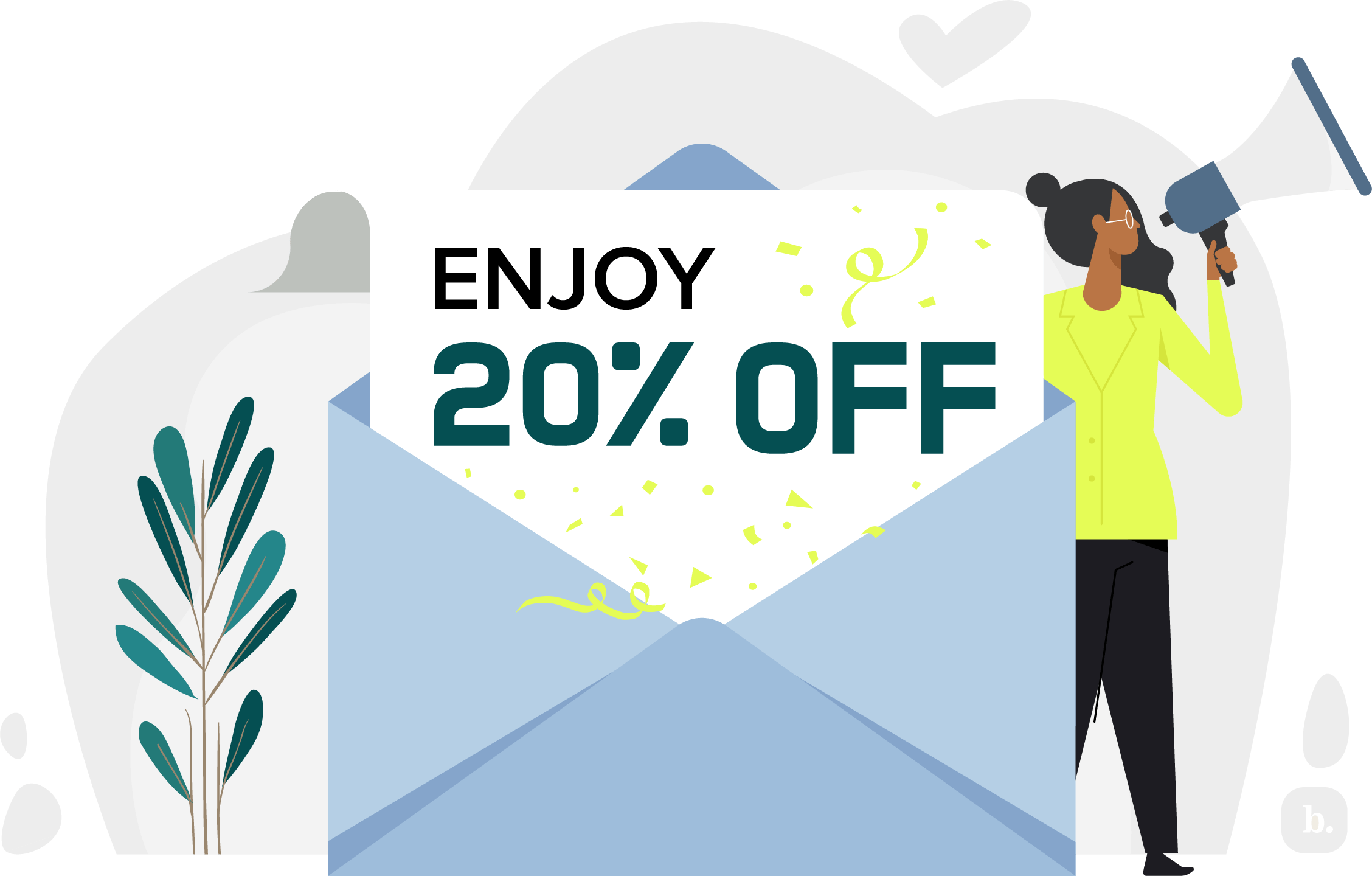 graphic of a 20% off coupon coming out of an envelope