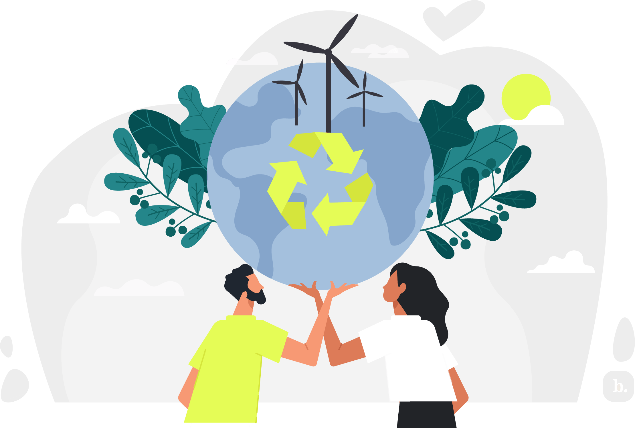 graphic of two people standing under a globe with a recycling sign on it