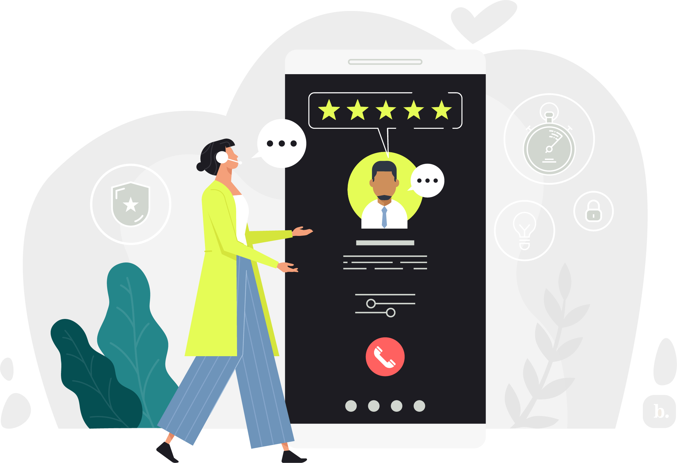 graphic of a person walking past a large smartphone with a 5 star review on it