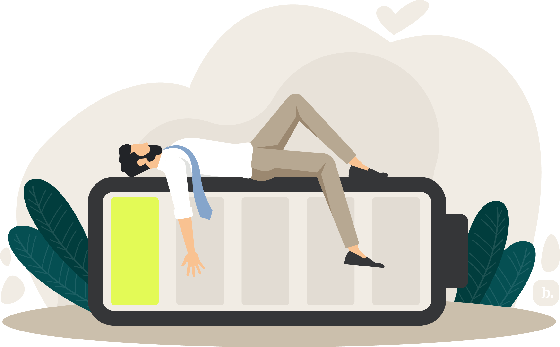 graphic of a businessperson lying on their back on a large battery