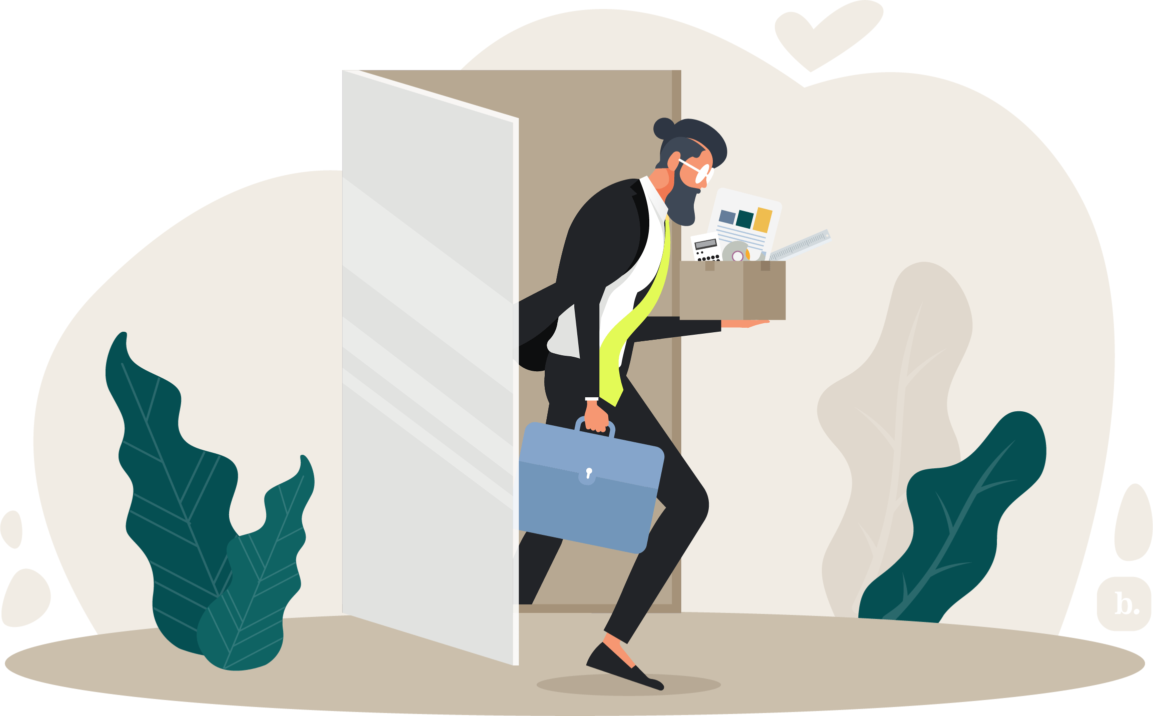 graphic of a person with a packed box quitting a job