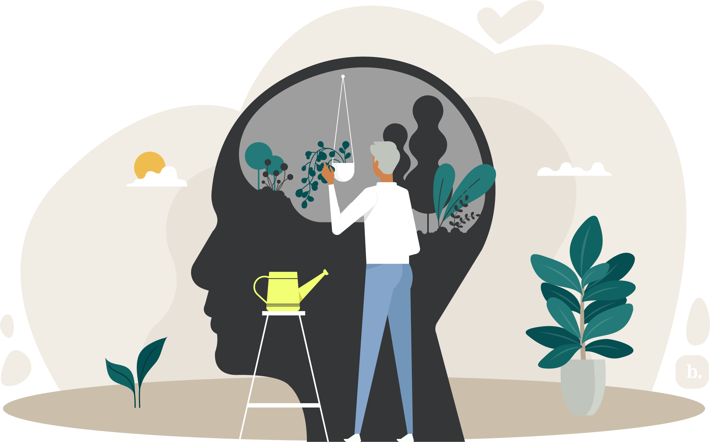 graphic of a person using a watering can to tend to plants inside of a large silhouette of a head