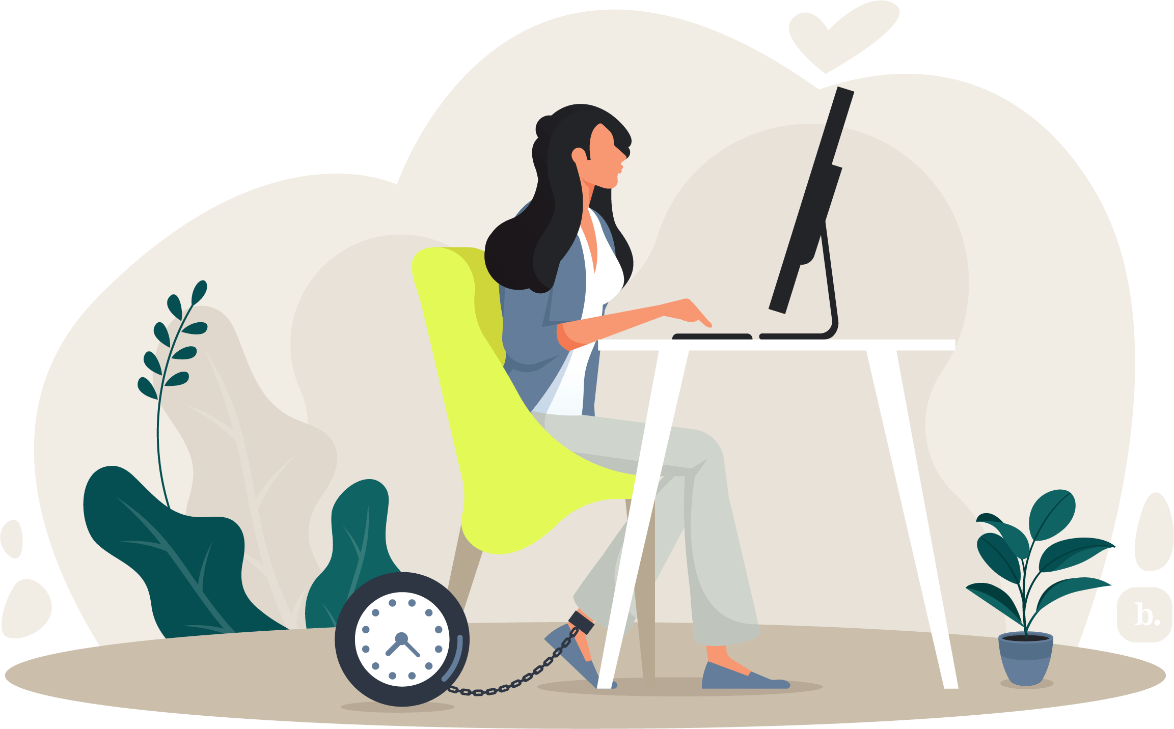 graphic of a businessperson at a desk with a clock chained to their ankle