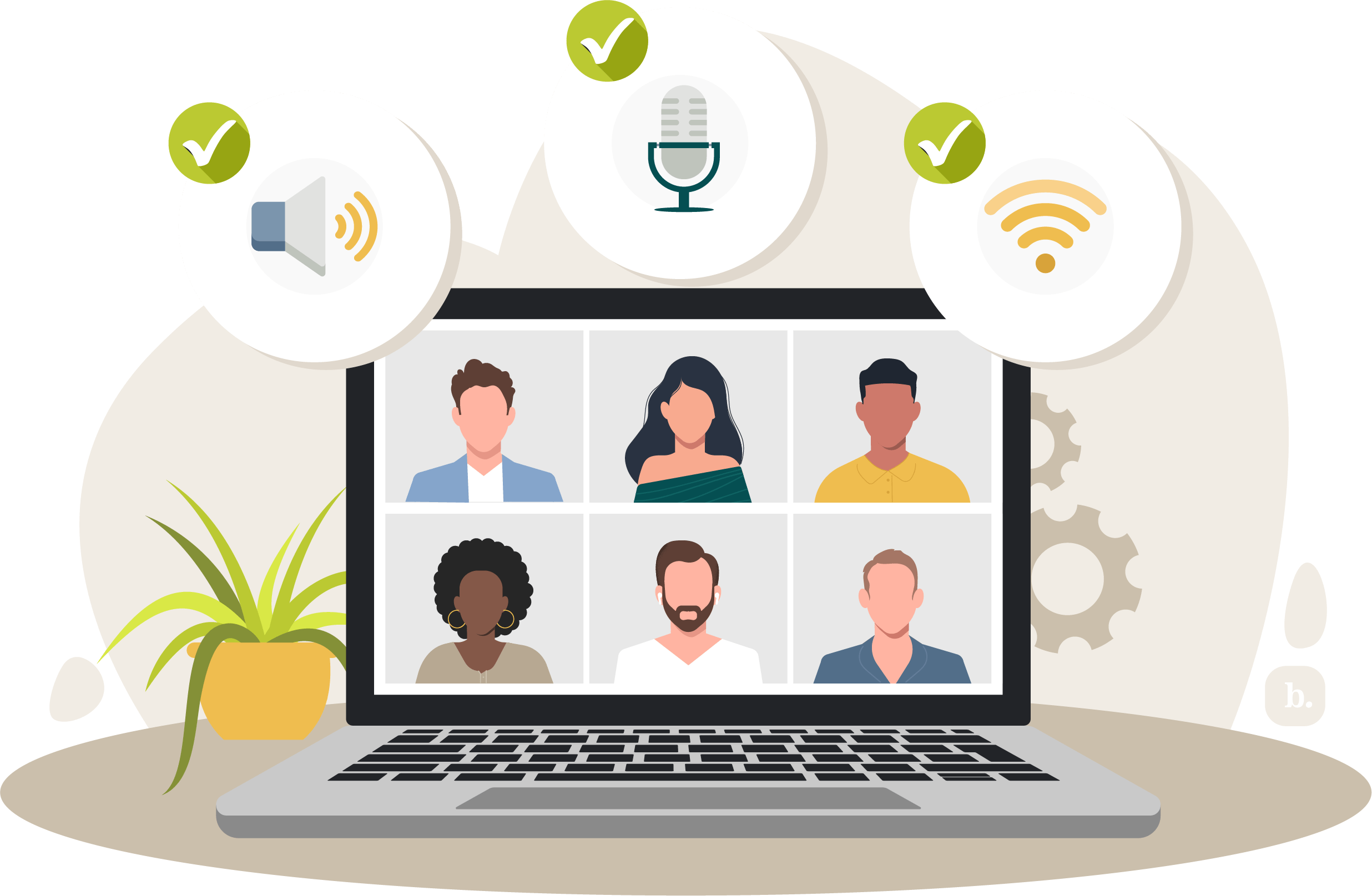 graphic of a video call on a laptop with multiple people