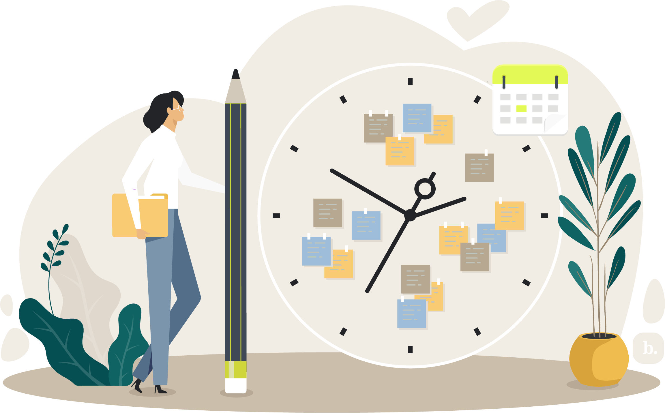 graphic of a businesswoman holding a large pencil next to a clock