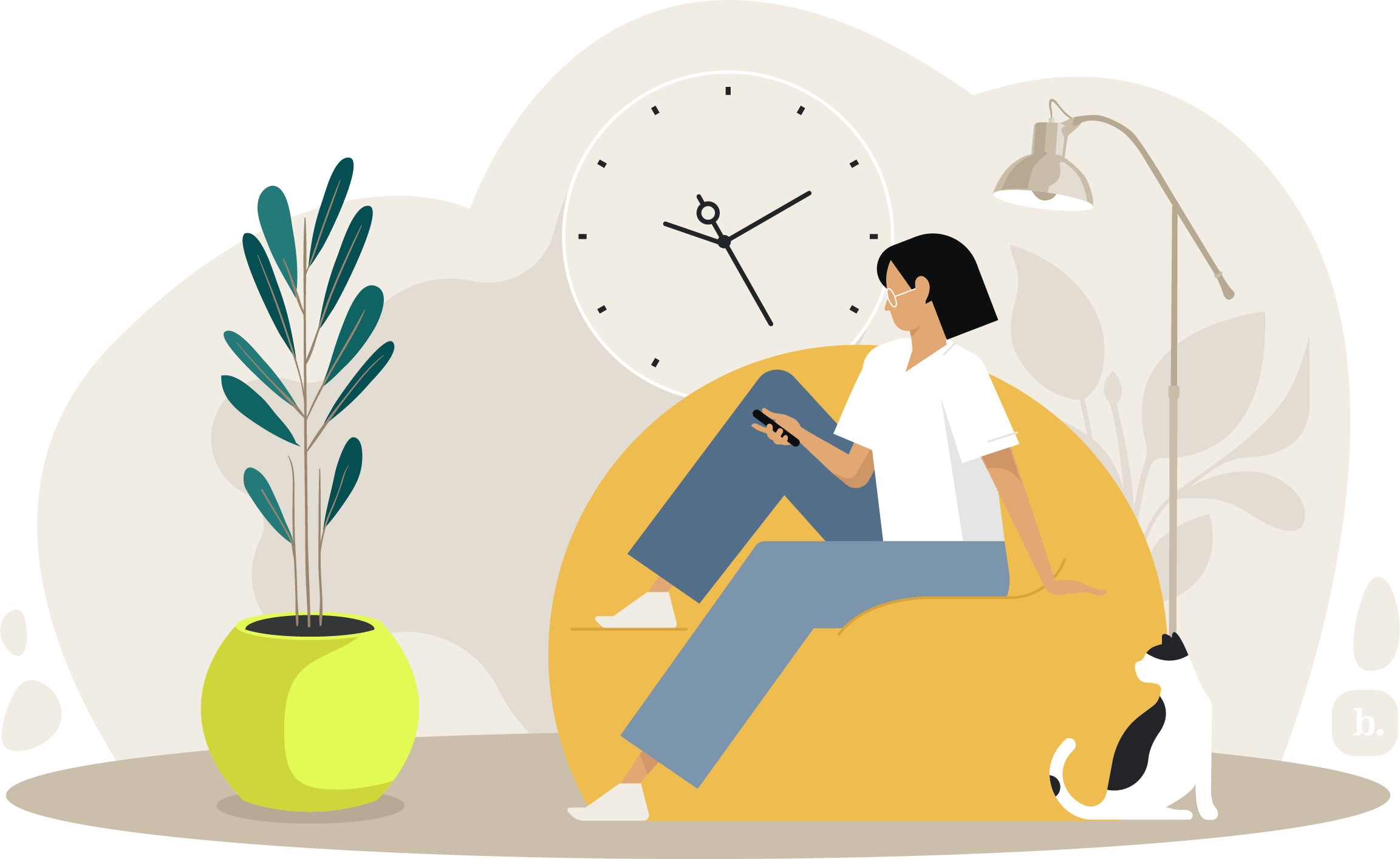 graphic of woman sitting on a large chair next to a clock