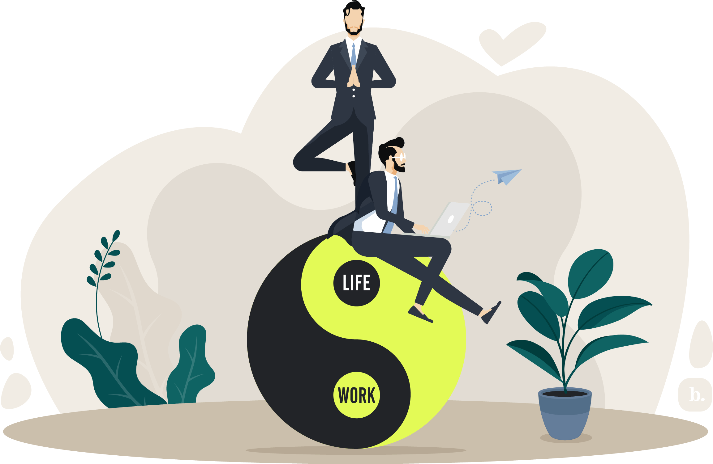 graphic of two businesspeople in suits on a large yin-yang like circe