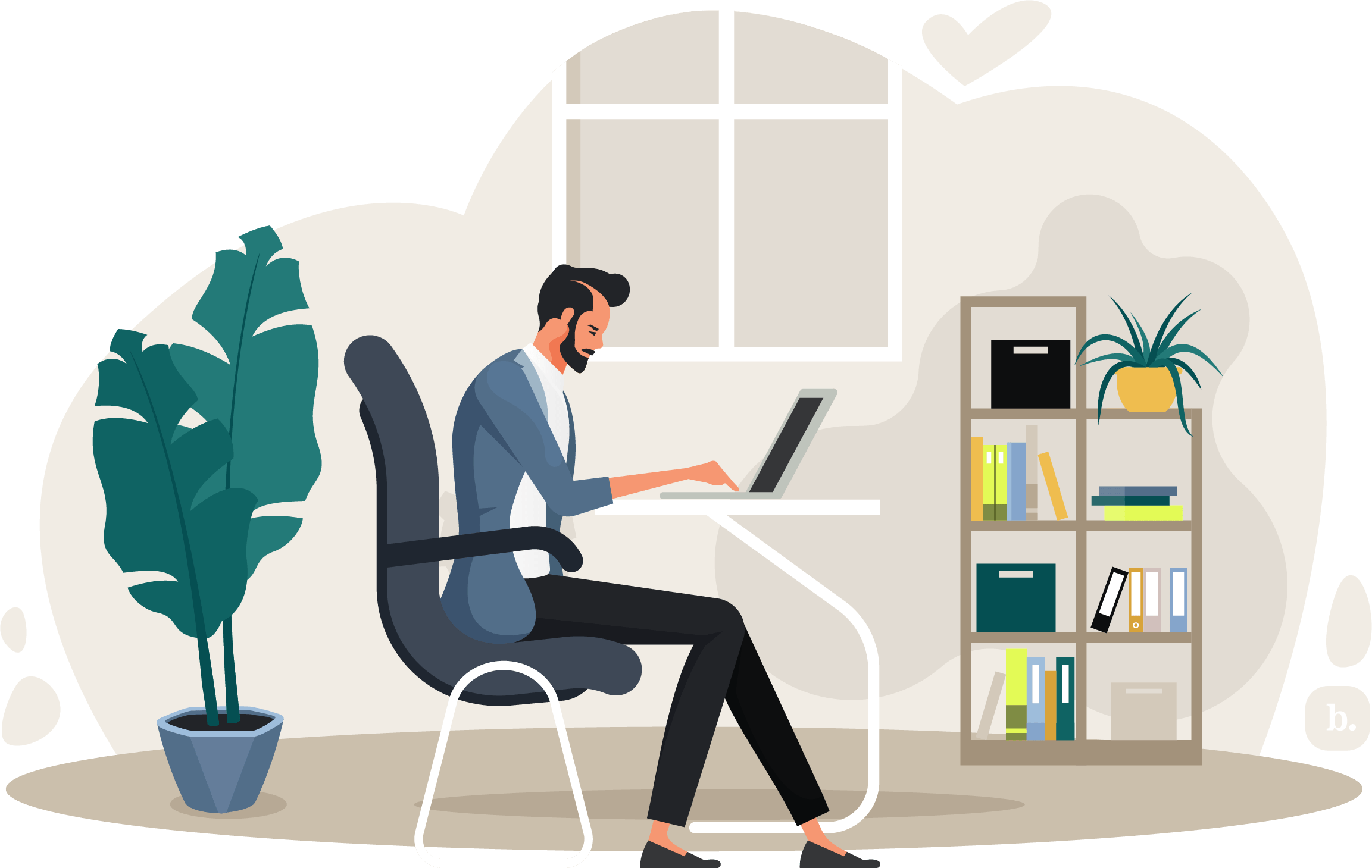 graphic of a businessman sitting at a desk using a laptop at home