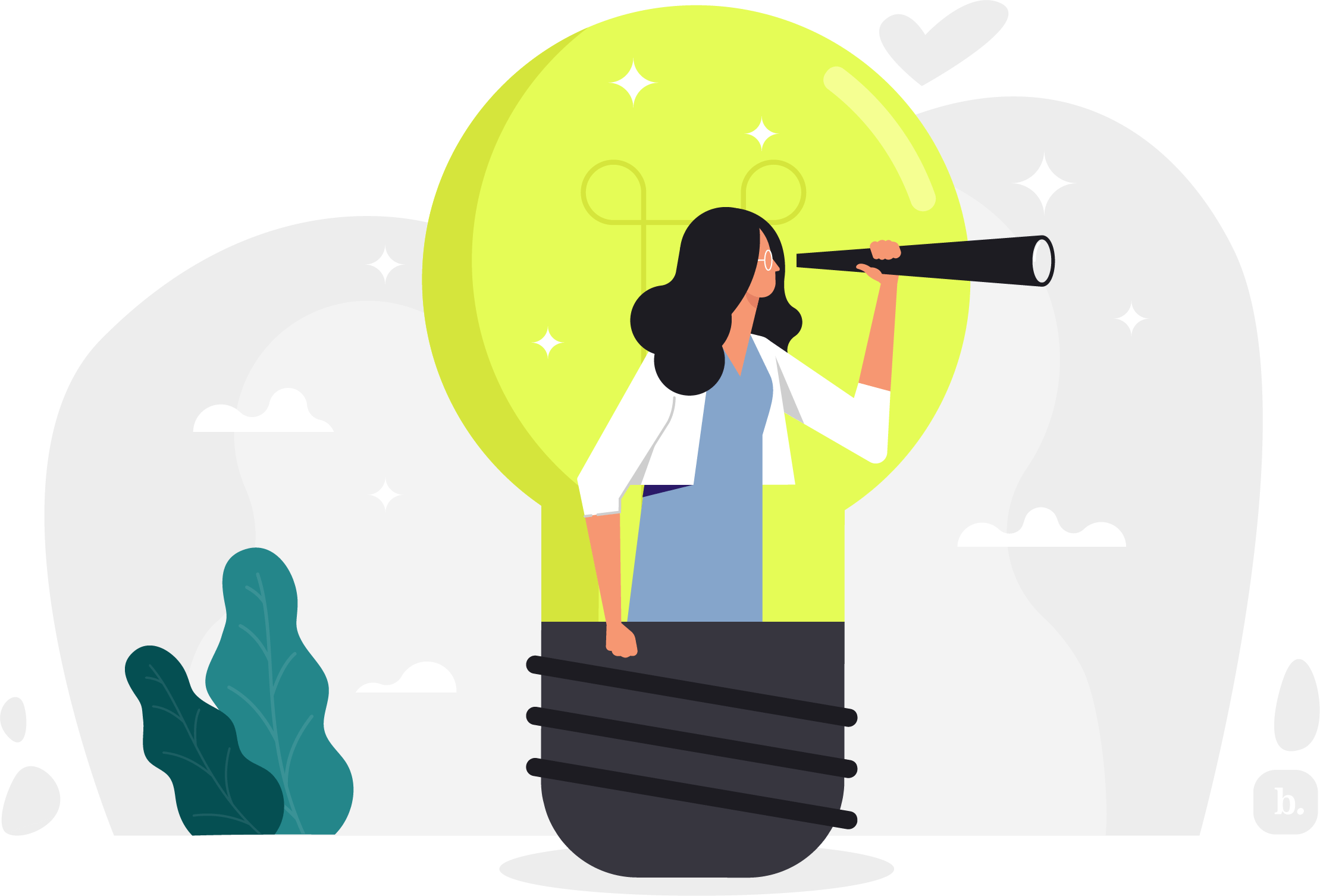 graphic of a woman inside of a large lightbulb looking through a telescope