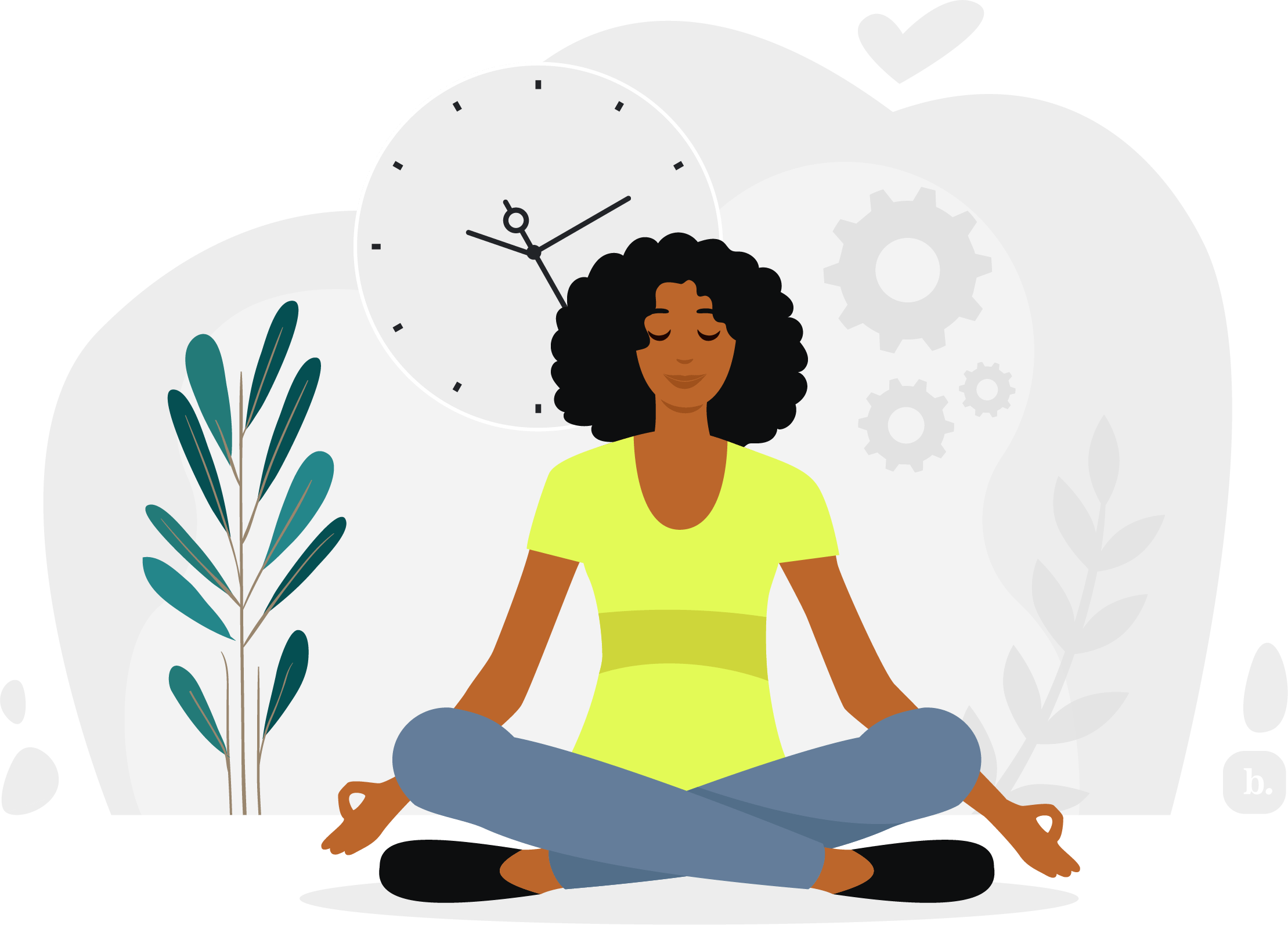 Graphic of a woman in a zen yoga pose near a clock
