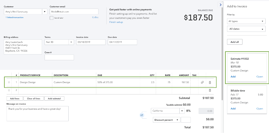 quickbooks invoice