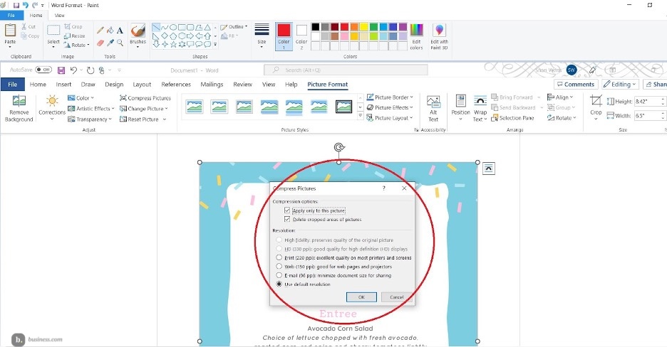 Select image resolution in Word
