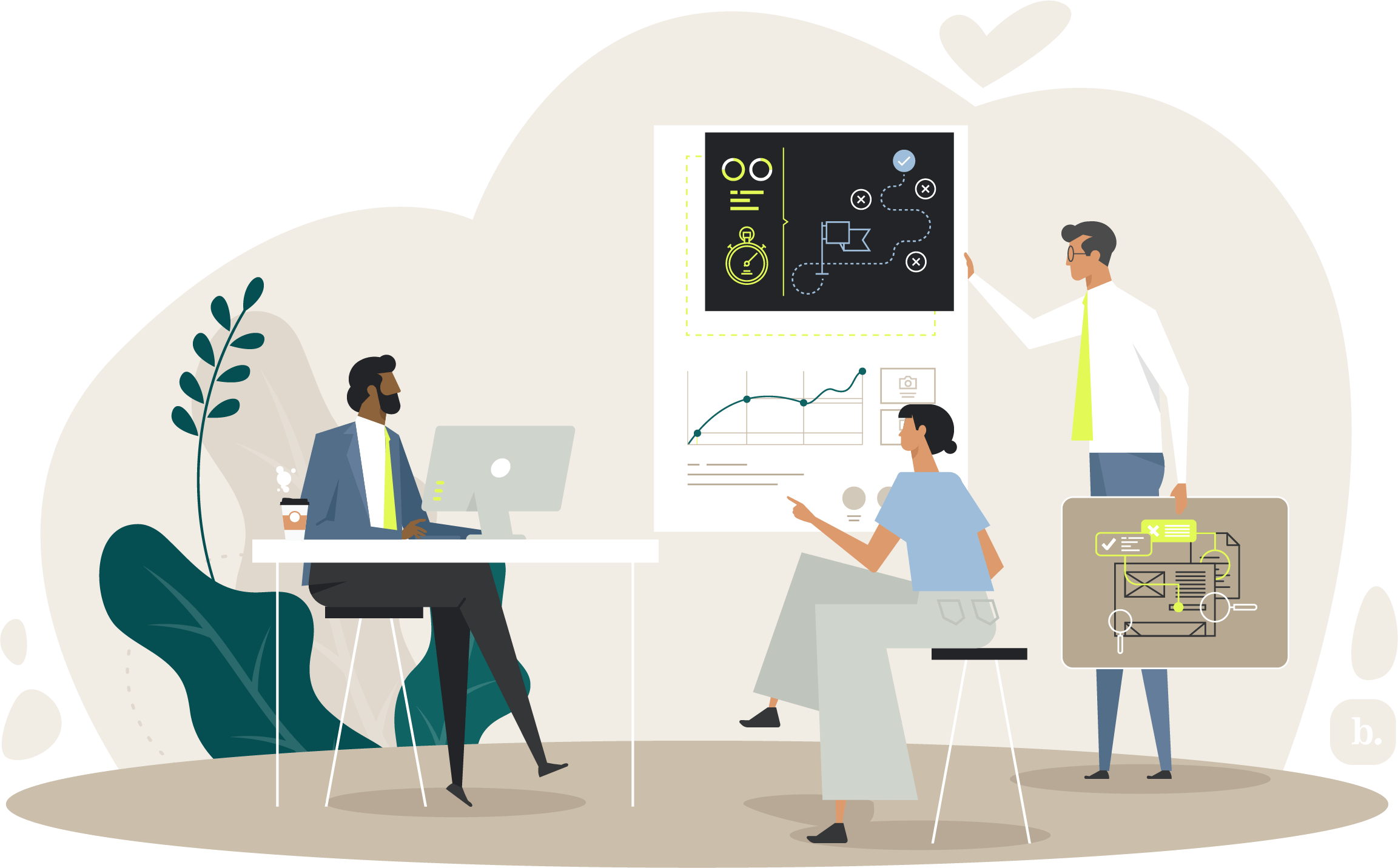 graphic of colleagues in a meeting next to a screen with graphs