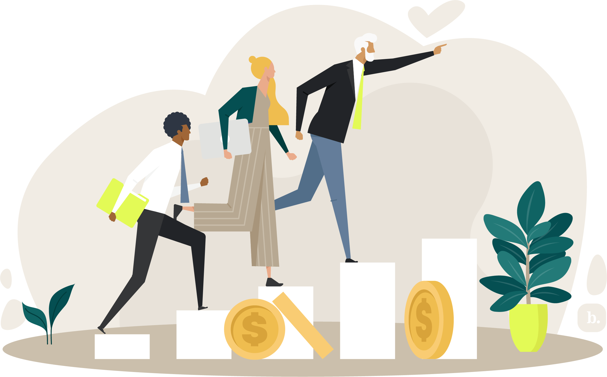 graphic of businesspeople running up steps with large coins below them