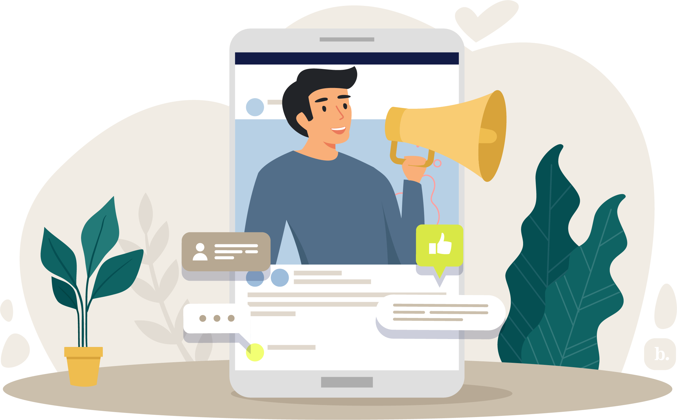 graphic of a person holding a megaphone within a social media window