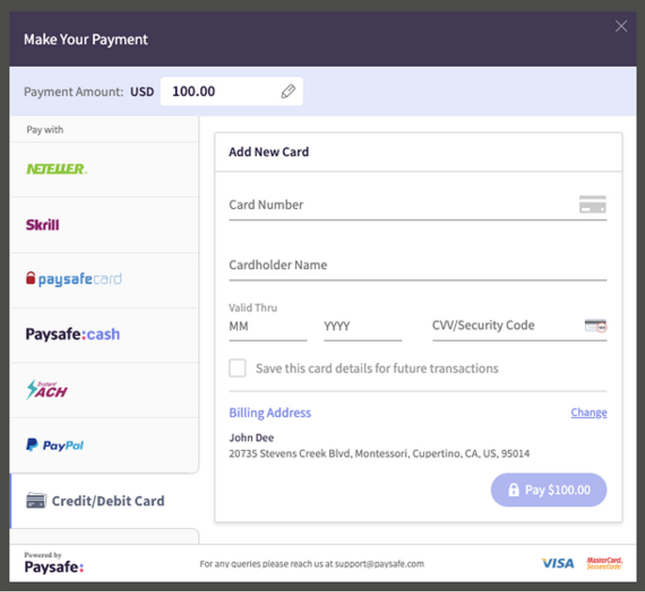 Paysafe e-commerce checkout form