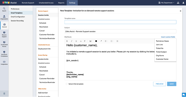 Zoho Assist custom email templates