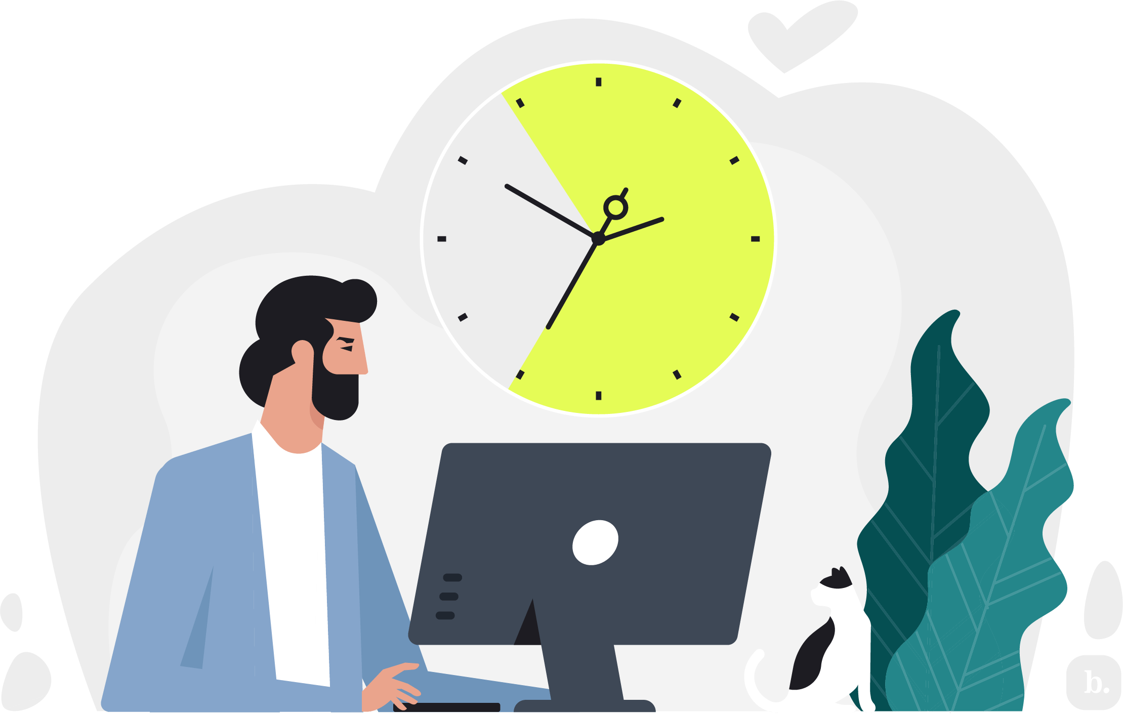 graphic of a person sitting at a computer near a clock