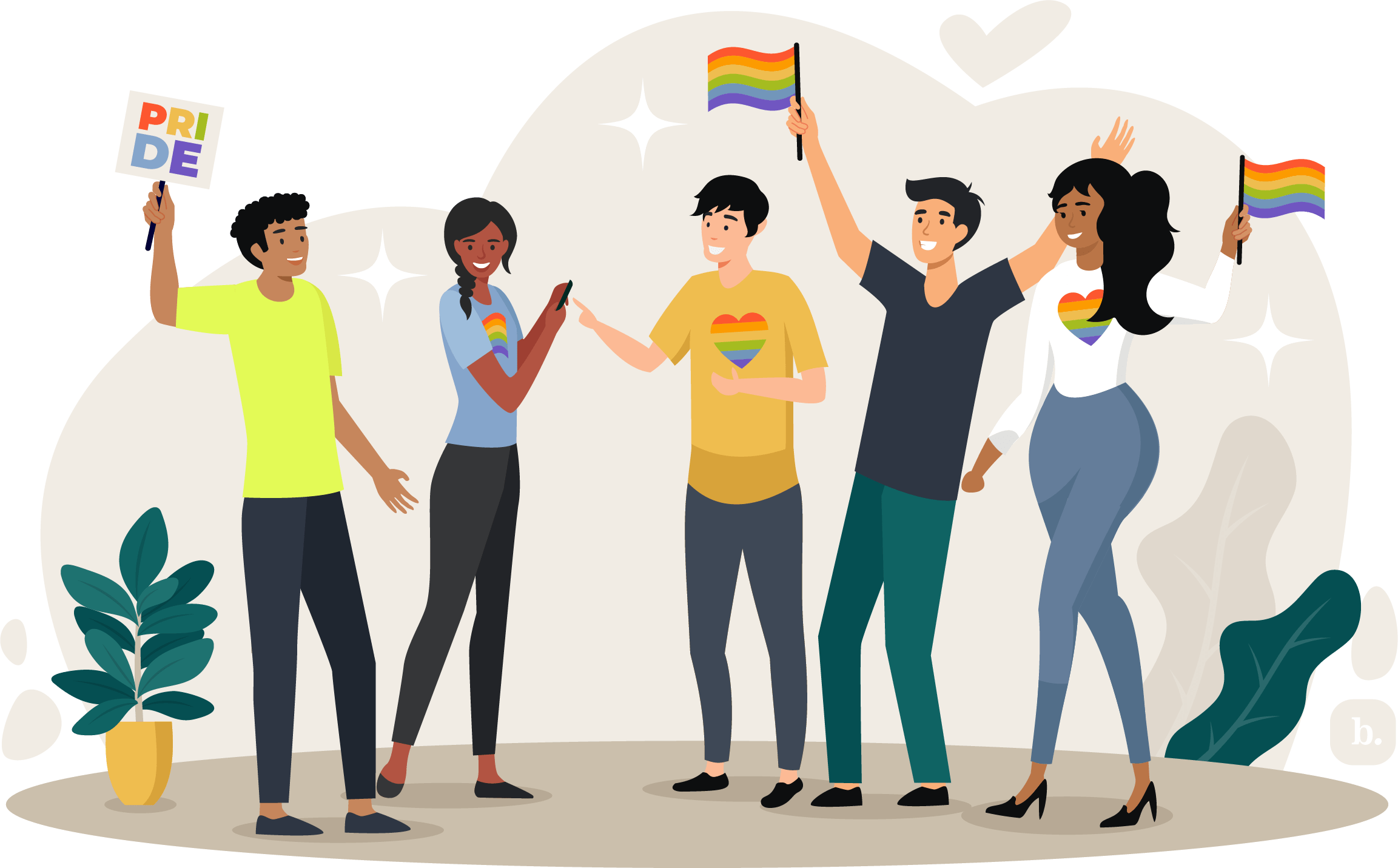 Graphic of office workers holding a pride flag and wearing rainbow pride shirts