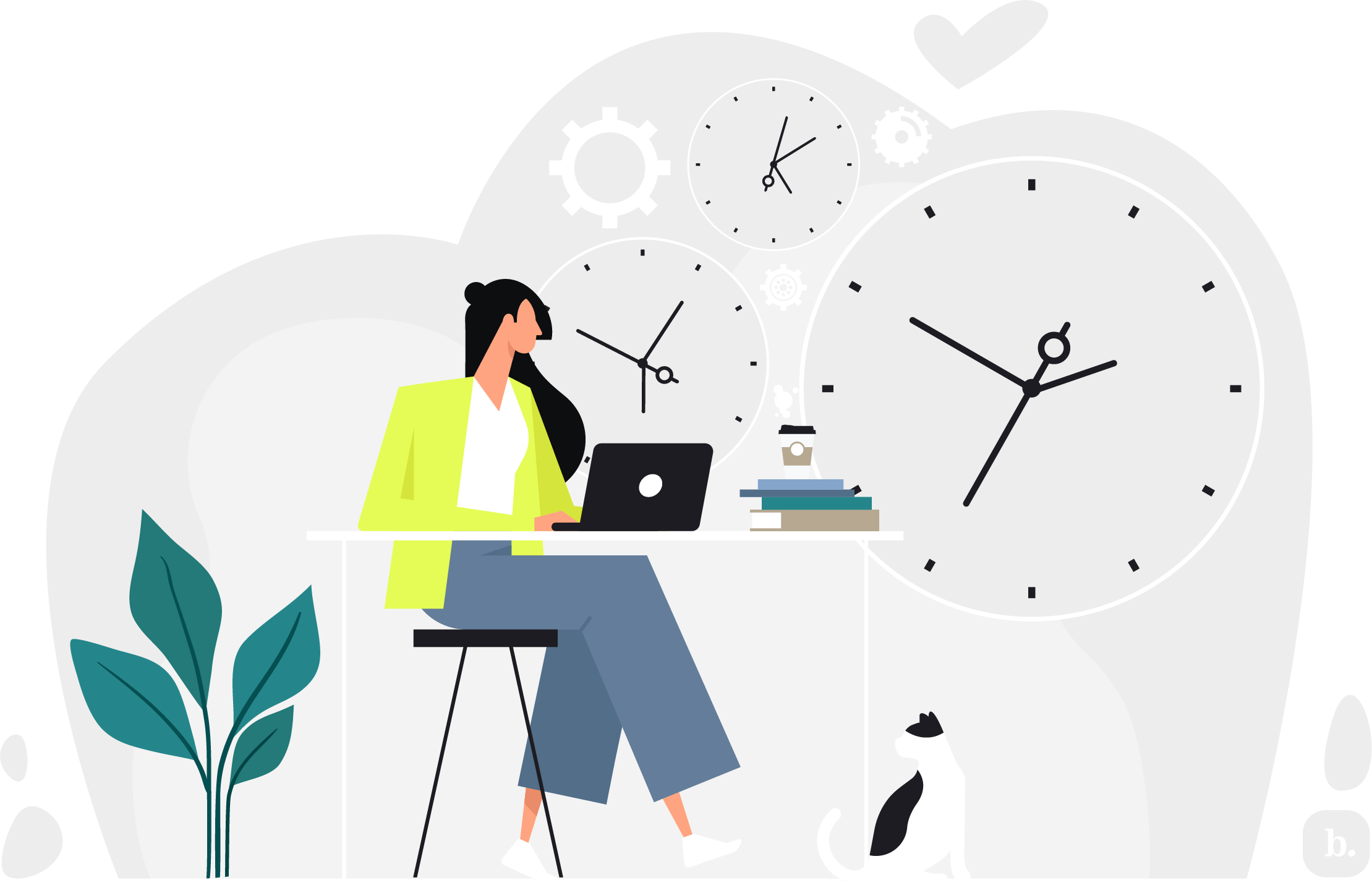 graphic of a businessperson sitting at a desk with clocks surrounding them