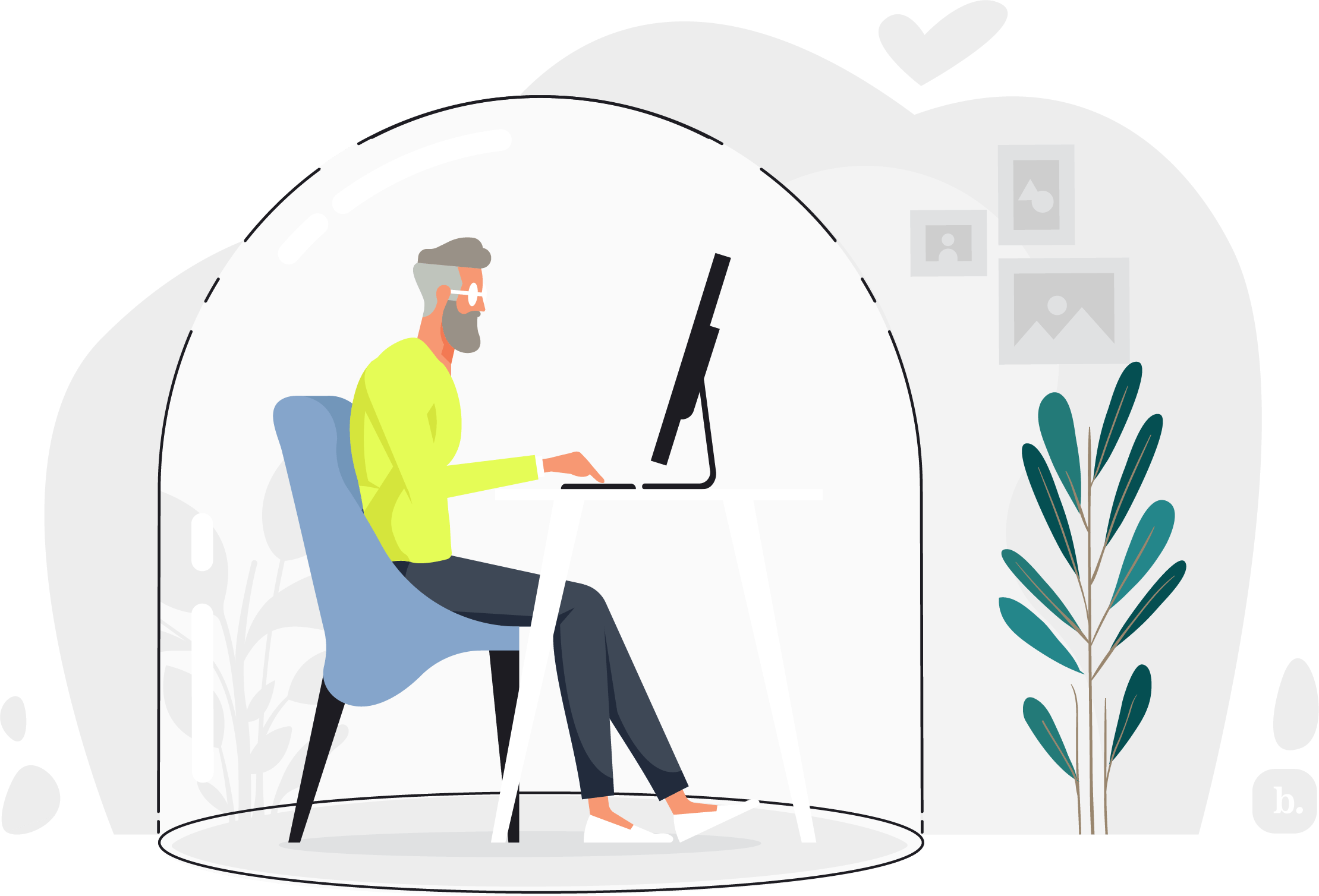 Graphic of a businessperson sitting at a computer under a protective bubble