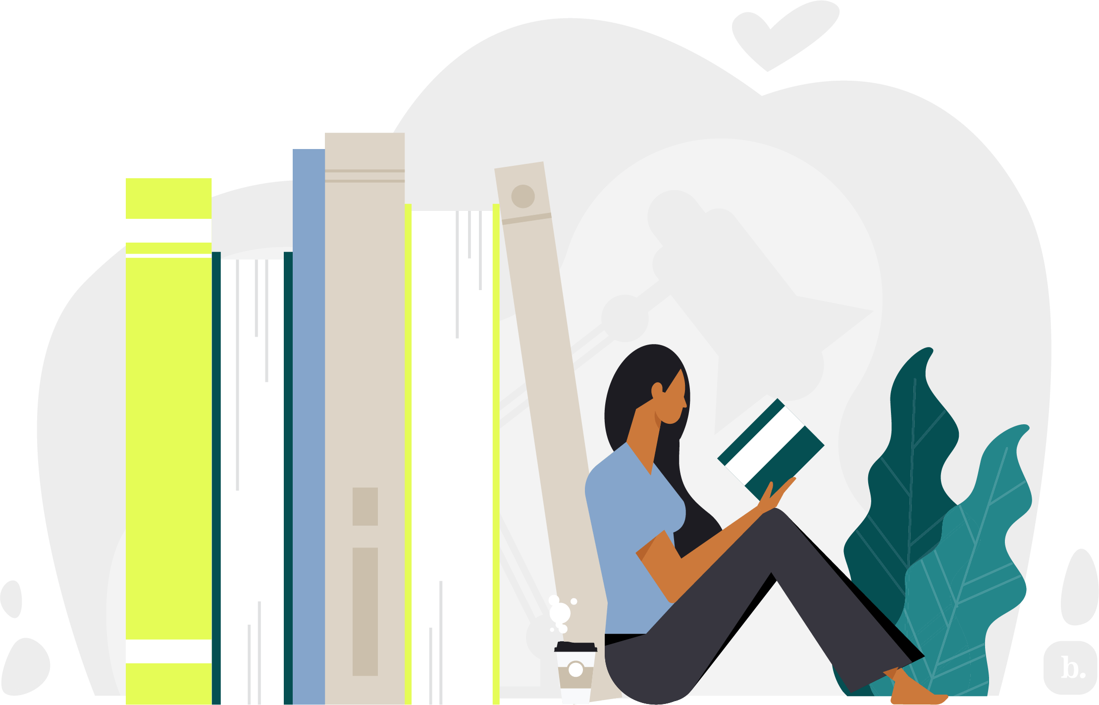 graphic of a person reading a book while leaning up against a row of life-sized books