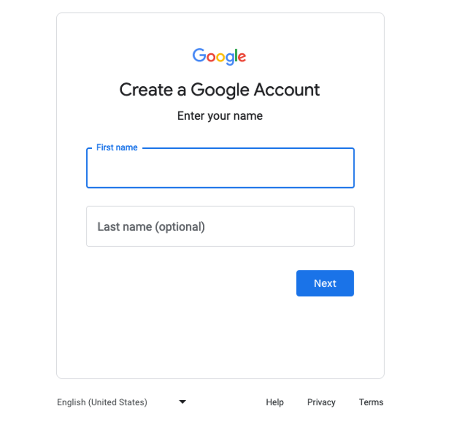 Google account creation screen