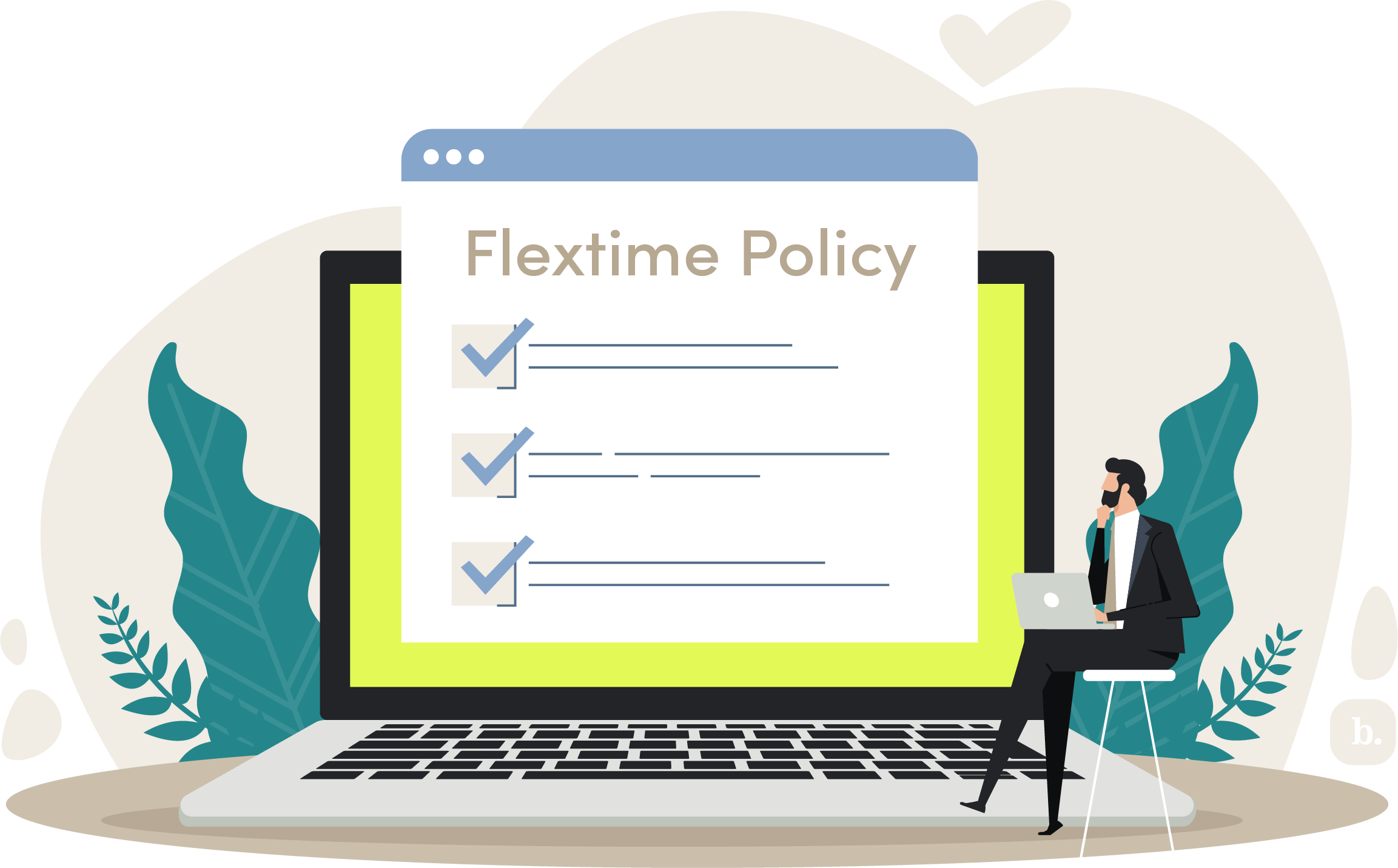 graphic of a flextime policy tab popping out of a laptop