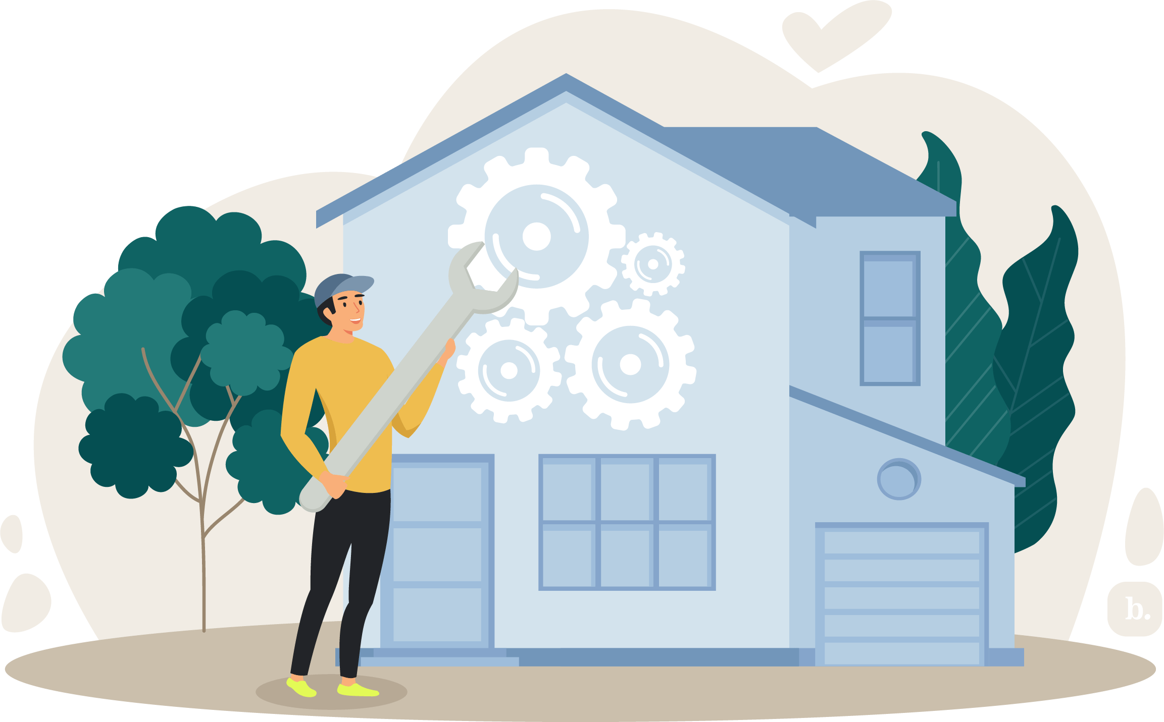 graphic of a repair person holding a wrench outside of a house