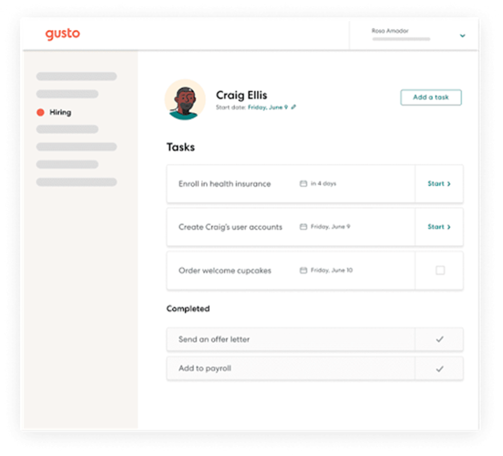 Gusto onboarding screen