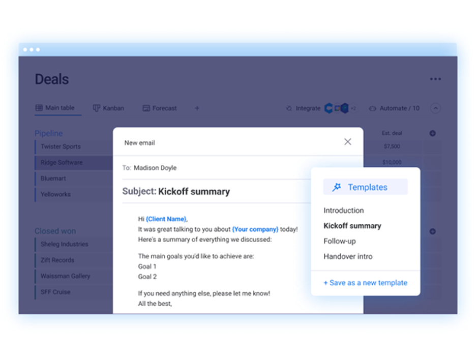 Monday.com CRM has customizable email templates