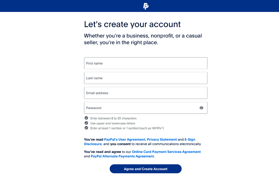 creating an accountin Paypal