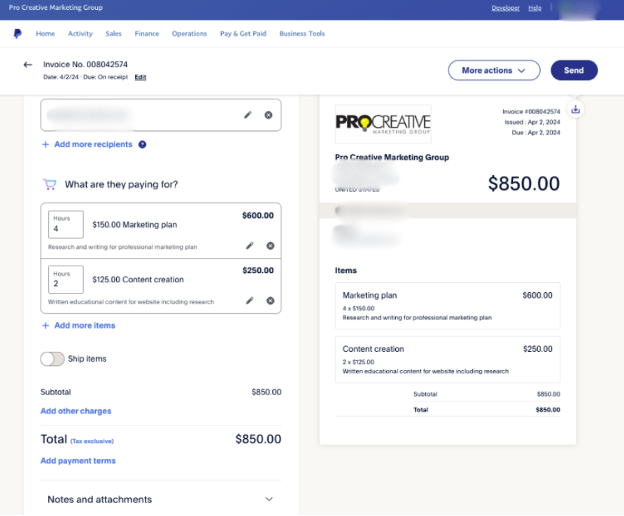 Paypal invoice example