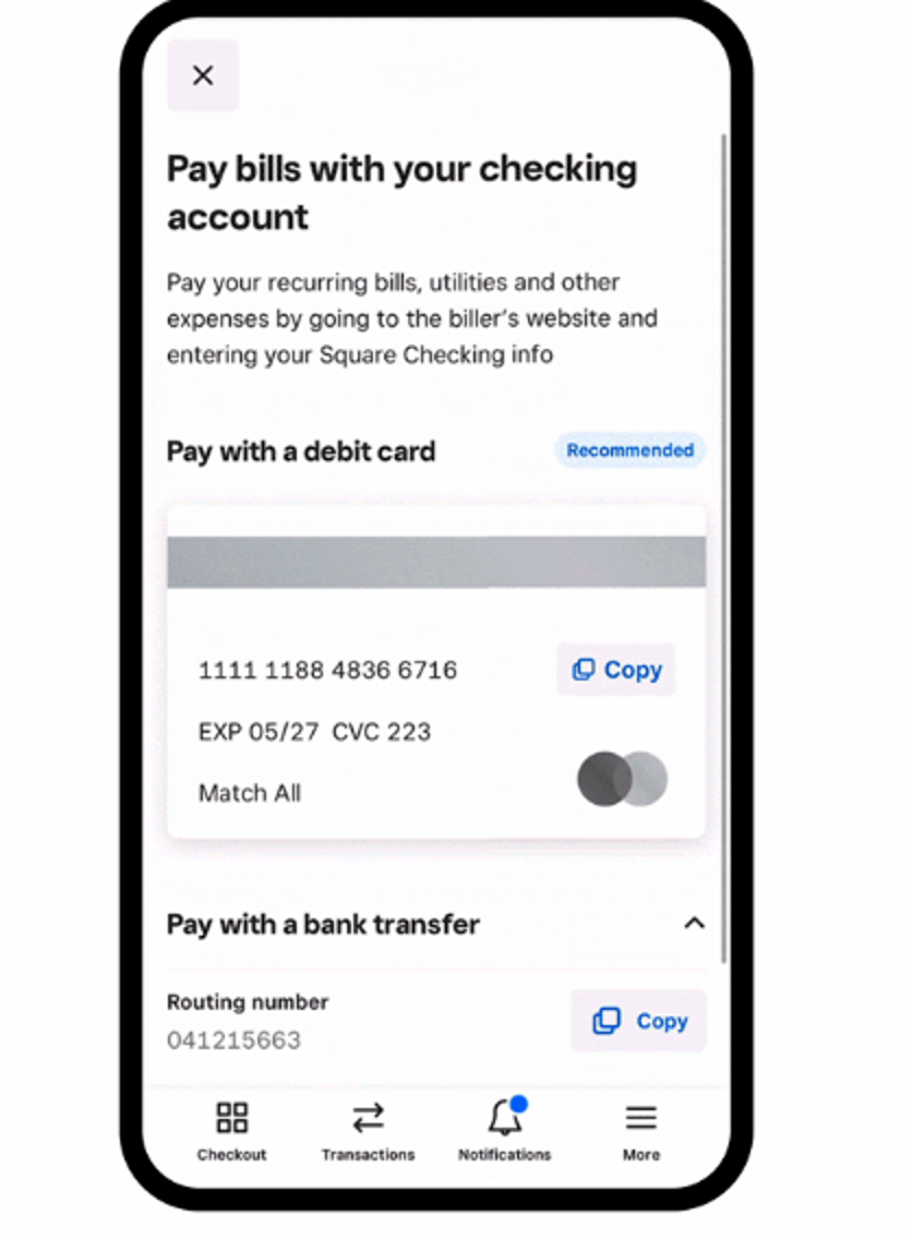 Square checking account on a mobile phone