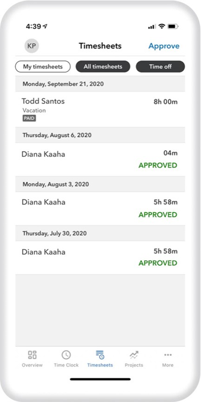 QuickBooks Time PTO approval screen on a mobile device